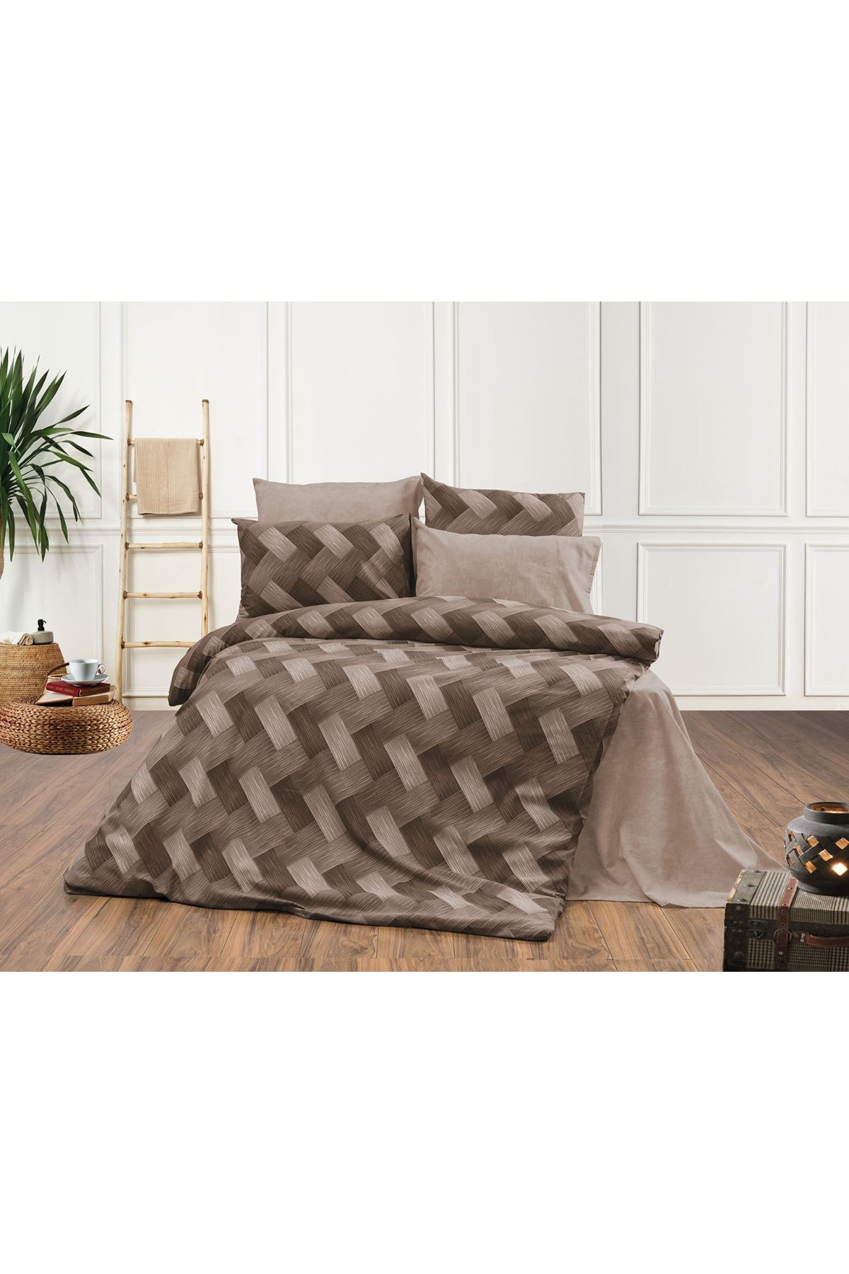 Zikzak Kahve Lastikli Çarşaflı Tek Kişilik (100x200 Cm) Nevresim Takımı KAHVERENGİ