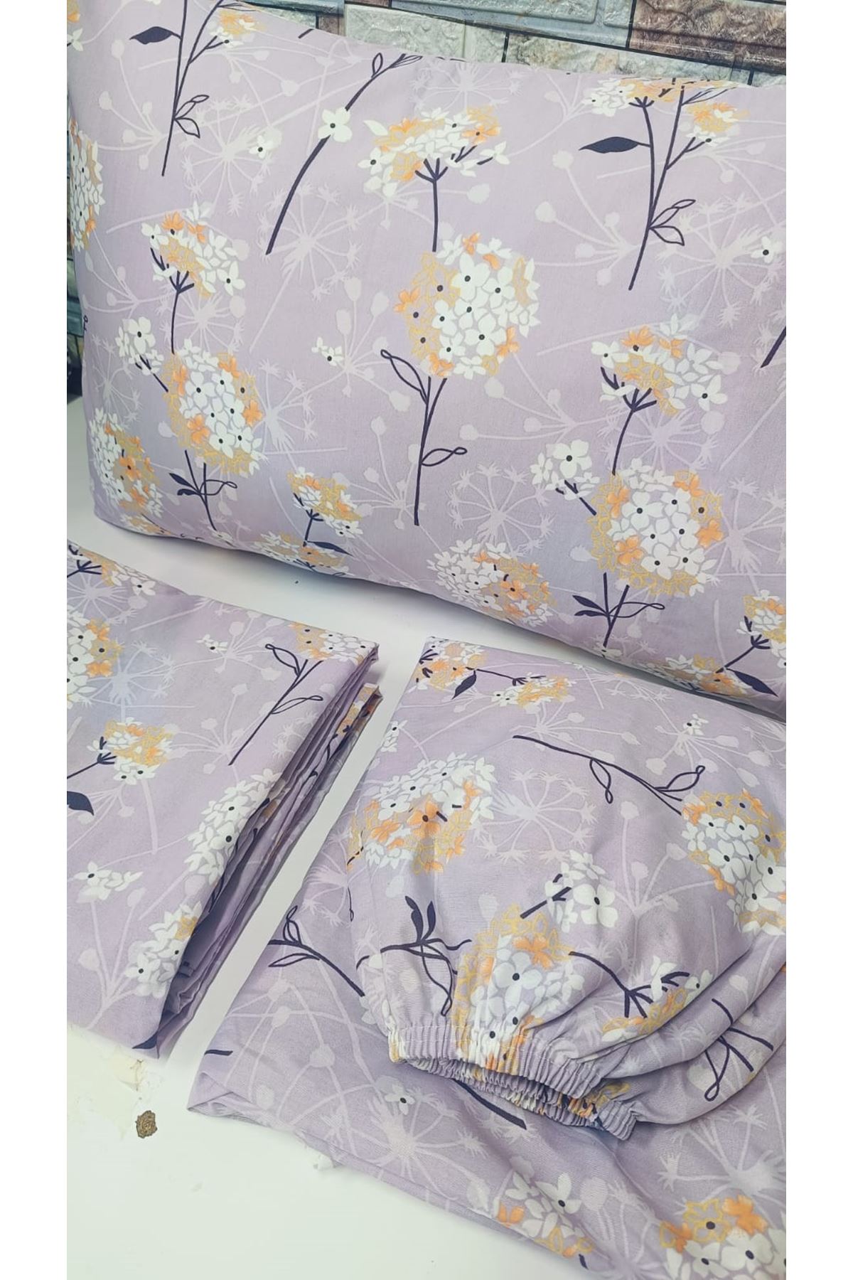 Tek Kişilik Çarşafı Lastikli Pamuklu Ranforce Kumaş Nevresim Takımı Papatya Lila