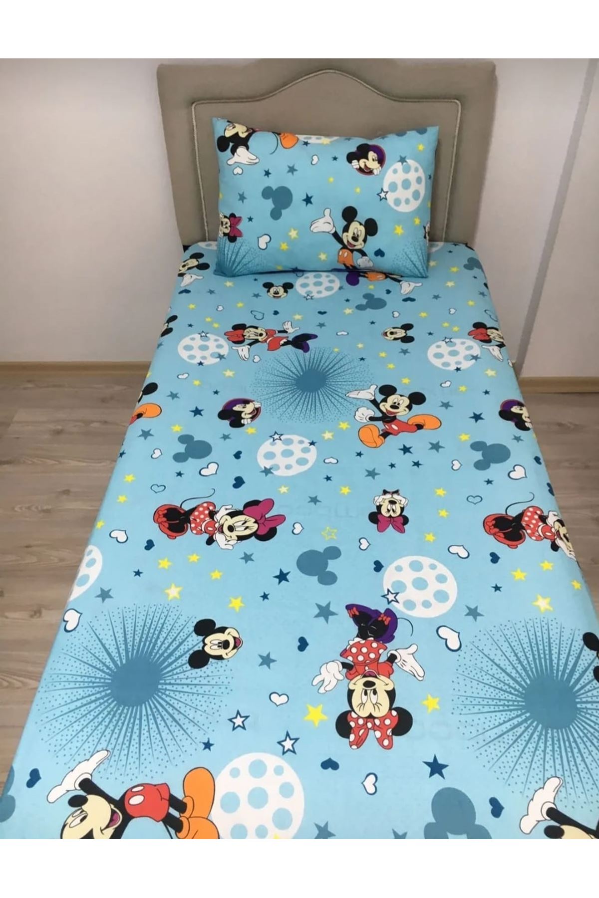 Tek Kişilik 120X200 Lastikli Çarşaf Takımı Mickey Mouse Mavi