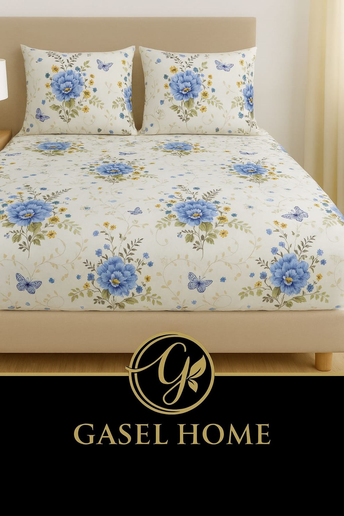 Tek Kişilik Pamuklu Ranforce Kumaş Lastikli Çarşaf Takımı Kelebek Mavi