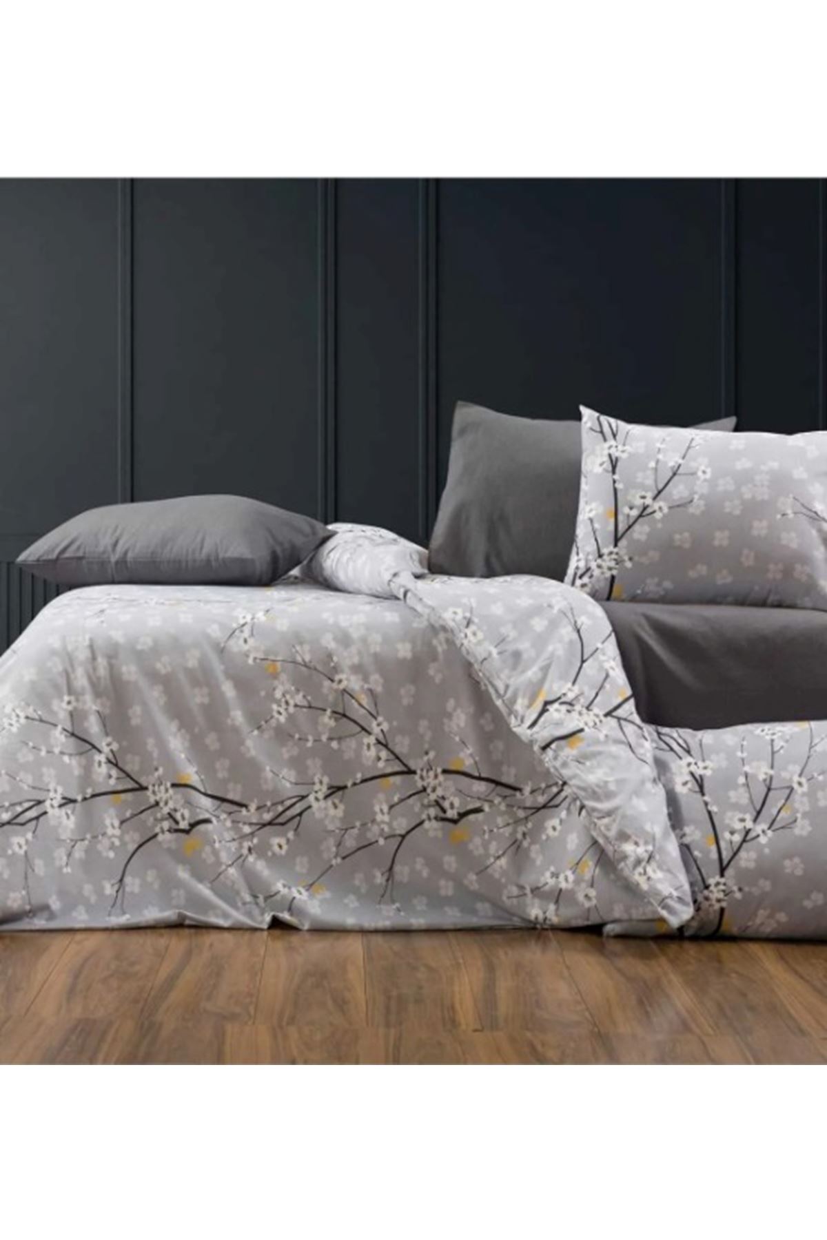 Pamuklu Ranforce Kumaş Tek Kişilik Nevresim Seti Büyük Papatya (Çarşafsız) Gri