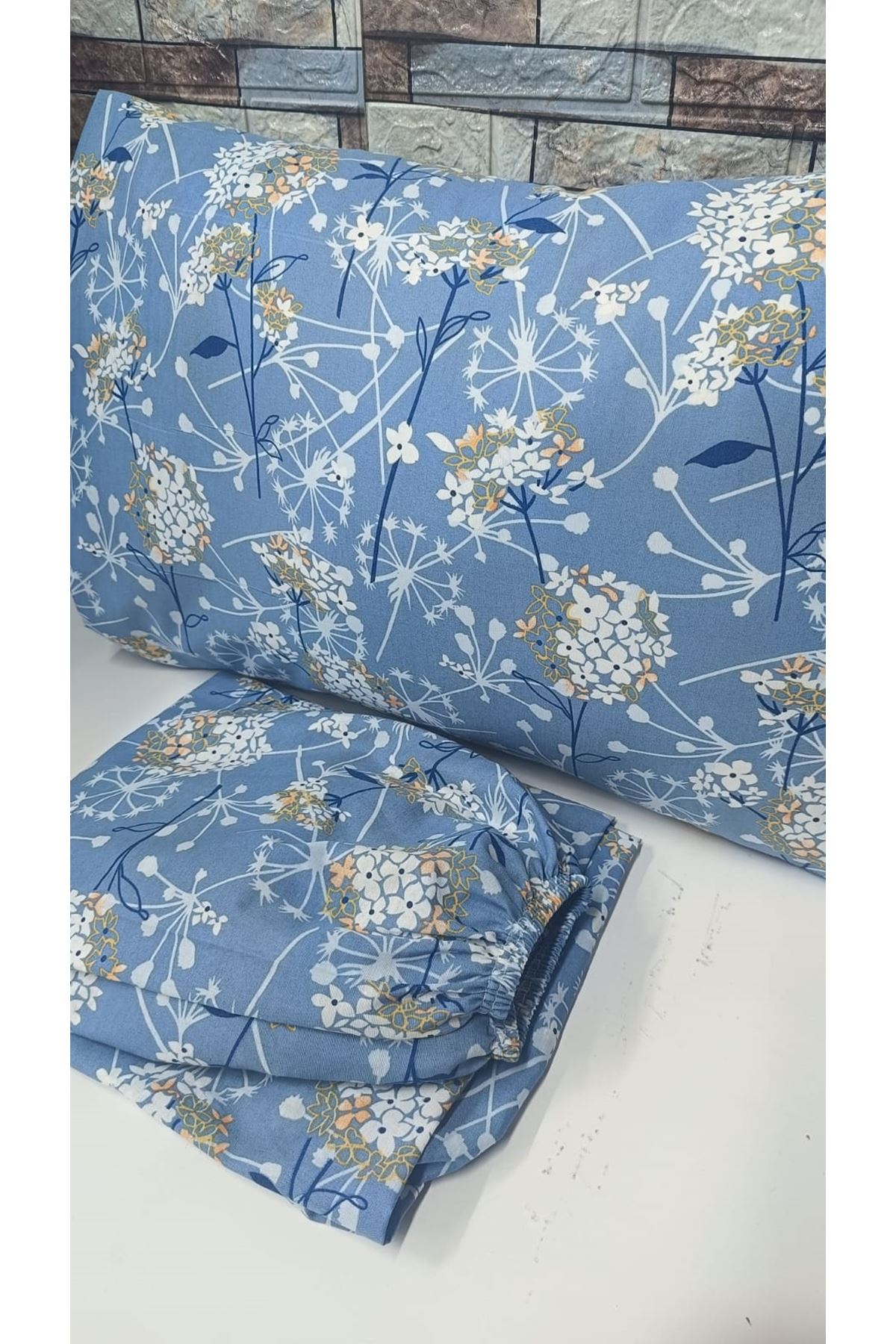 Çift Kişilik Pamuklu Ranforce Kumaş Lastikli Çarşaf Takımı Papatya Mavi