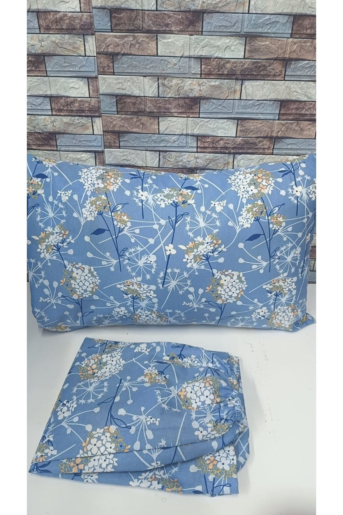 Çift Kişilik Pamuklu Ranforce Kumaş Lastikli Çarşaf Takımı Papatya Mavi