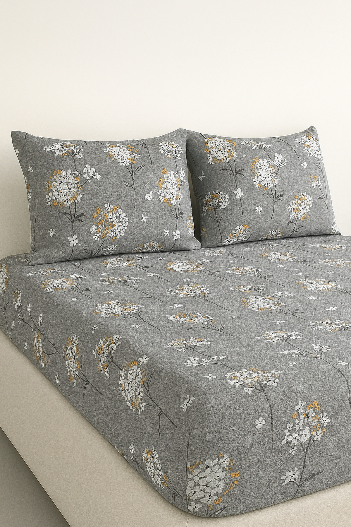 Çift Kişilik Pamuklu Ranforce Kumaş Lastikli Çarşaf Takımı Papatya Gri