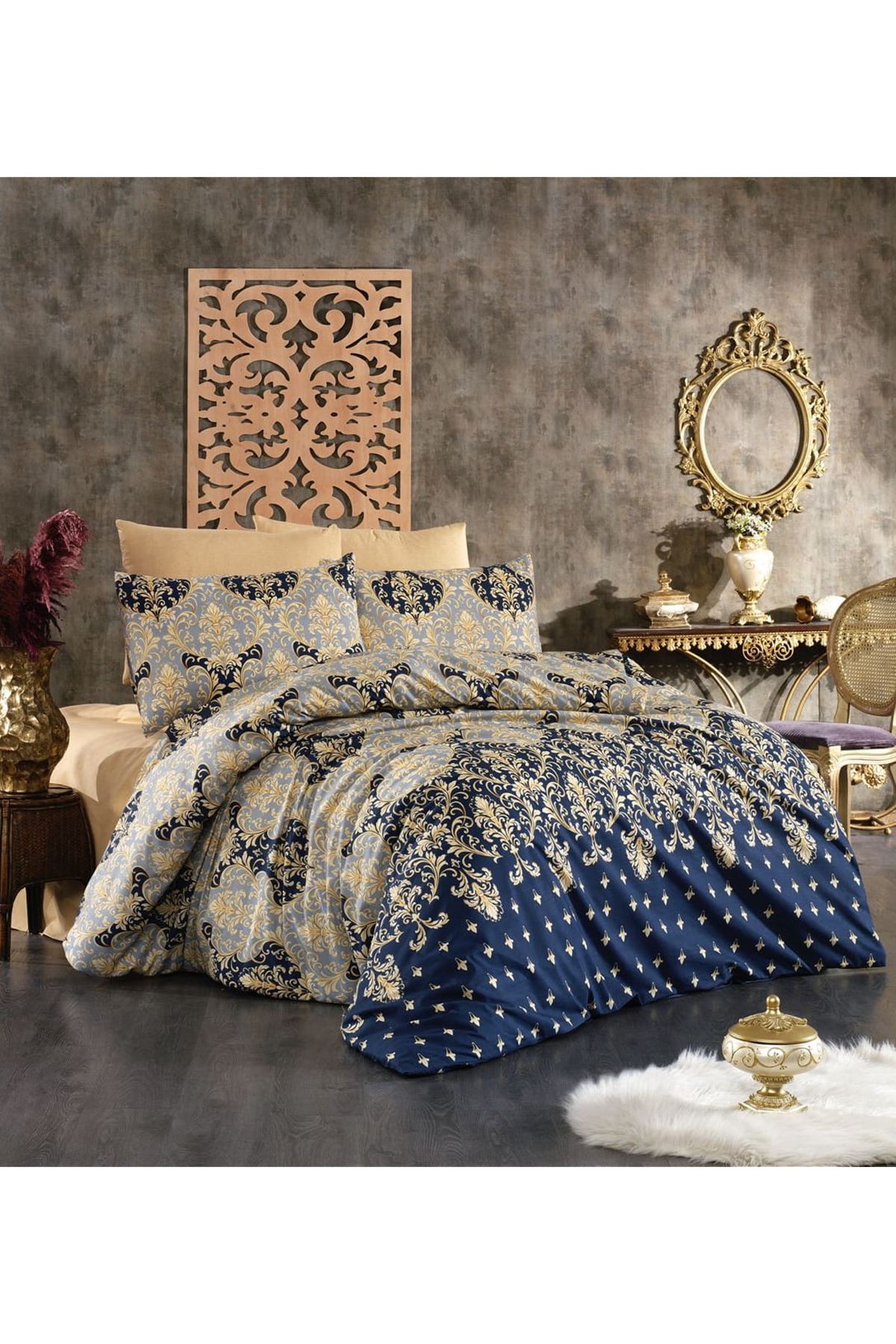 180X200 Yataklar İçin Battal Boy Nevresim Takımı ( Çarşafı Lastikli ) Osmanlı Lacivert