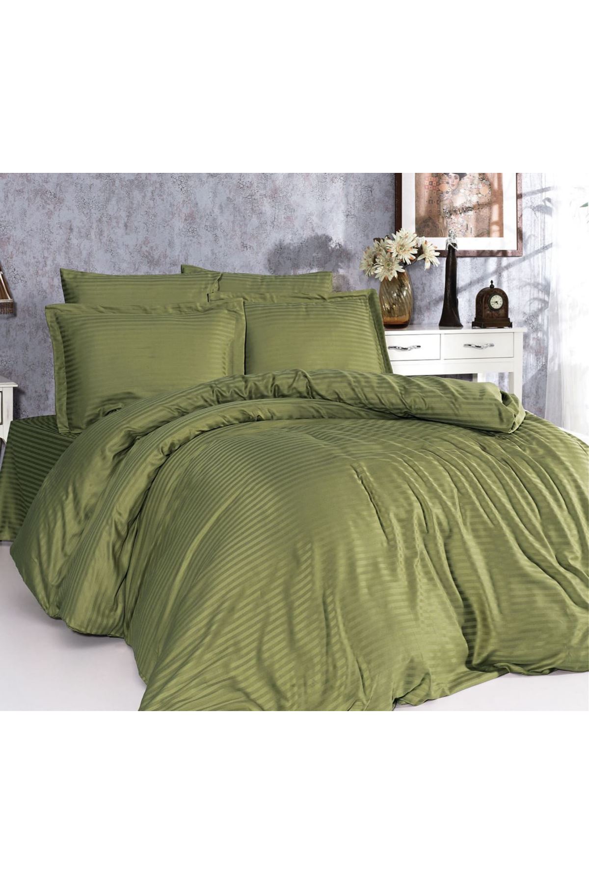 5 Yıldızlı Lüx Otel Tipi Çift Kişilik Lastikli Çizgili Pamuk Saten Nevresim Takımı Haki