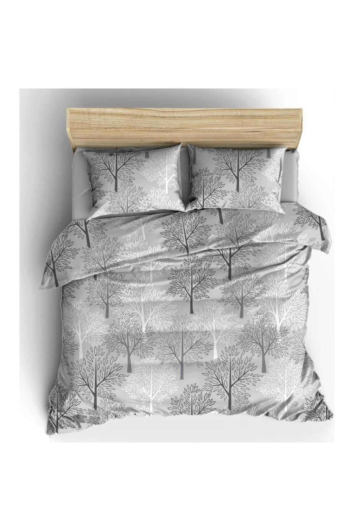 TEK KİŞİLİK PAMUKLU RANFORCE KUMAŞ NEVRESİM SETİ ( ÇARŞAFSIZ ) YENİ GRİ AĞAÇ