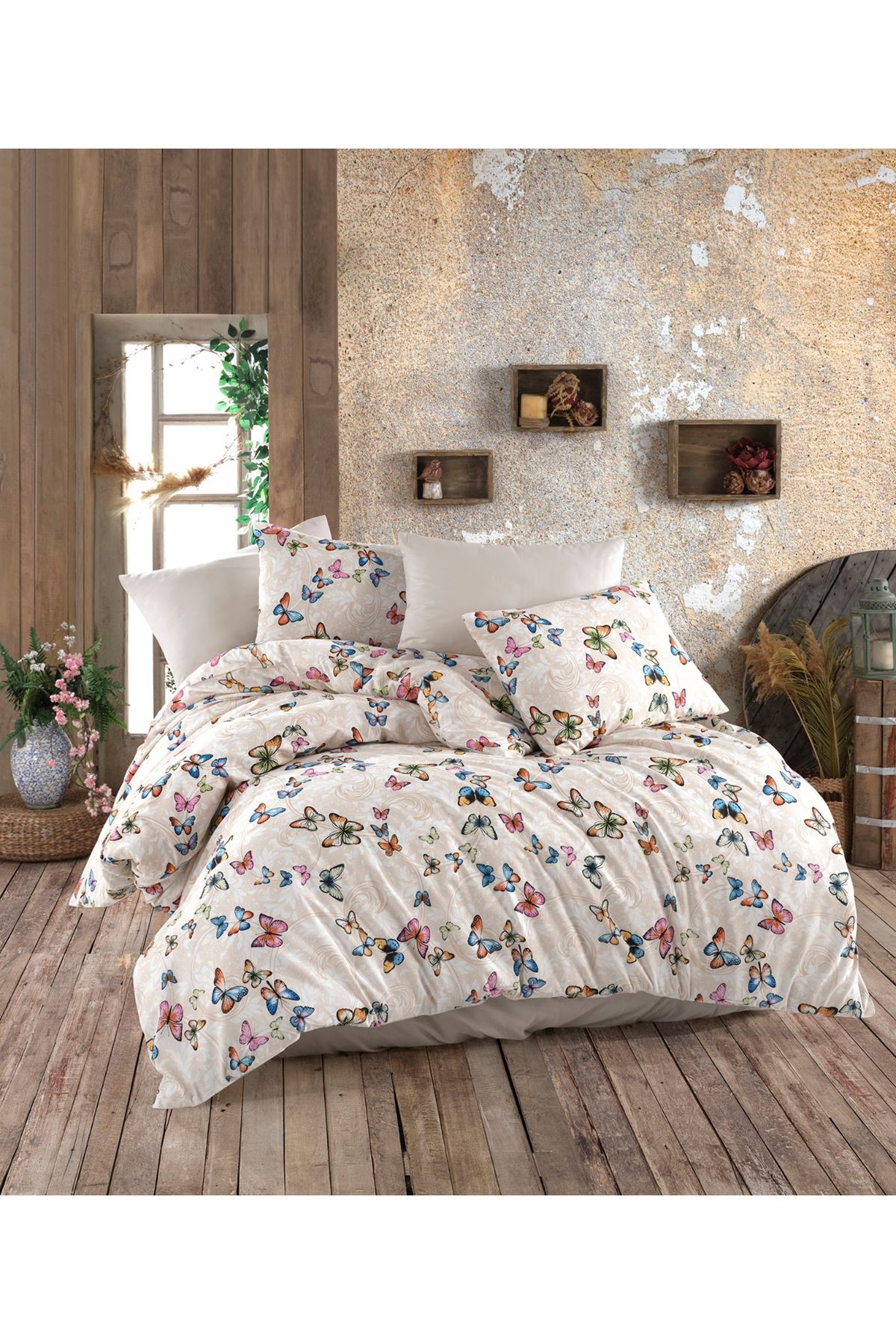 180X200 Yataklar İçin Battal Boy Nevresim Takımı ( Çarşafı Lastikli ) kelebek Ekru