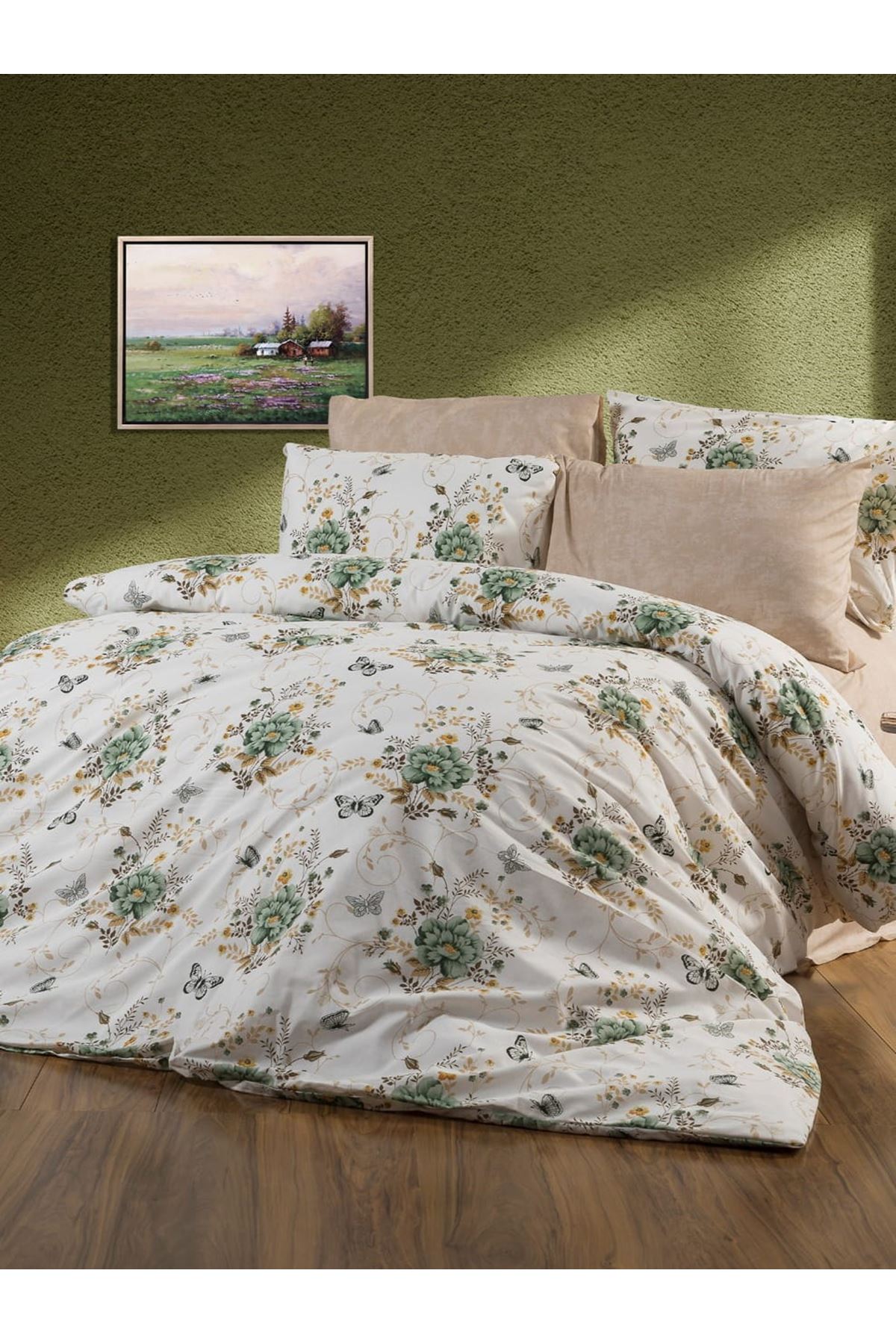 180X200 Yataklar İçin Battal Boy Nevresim Takımı ( Çarşafı Lastikli ) kelebek Yeşil