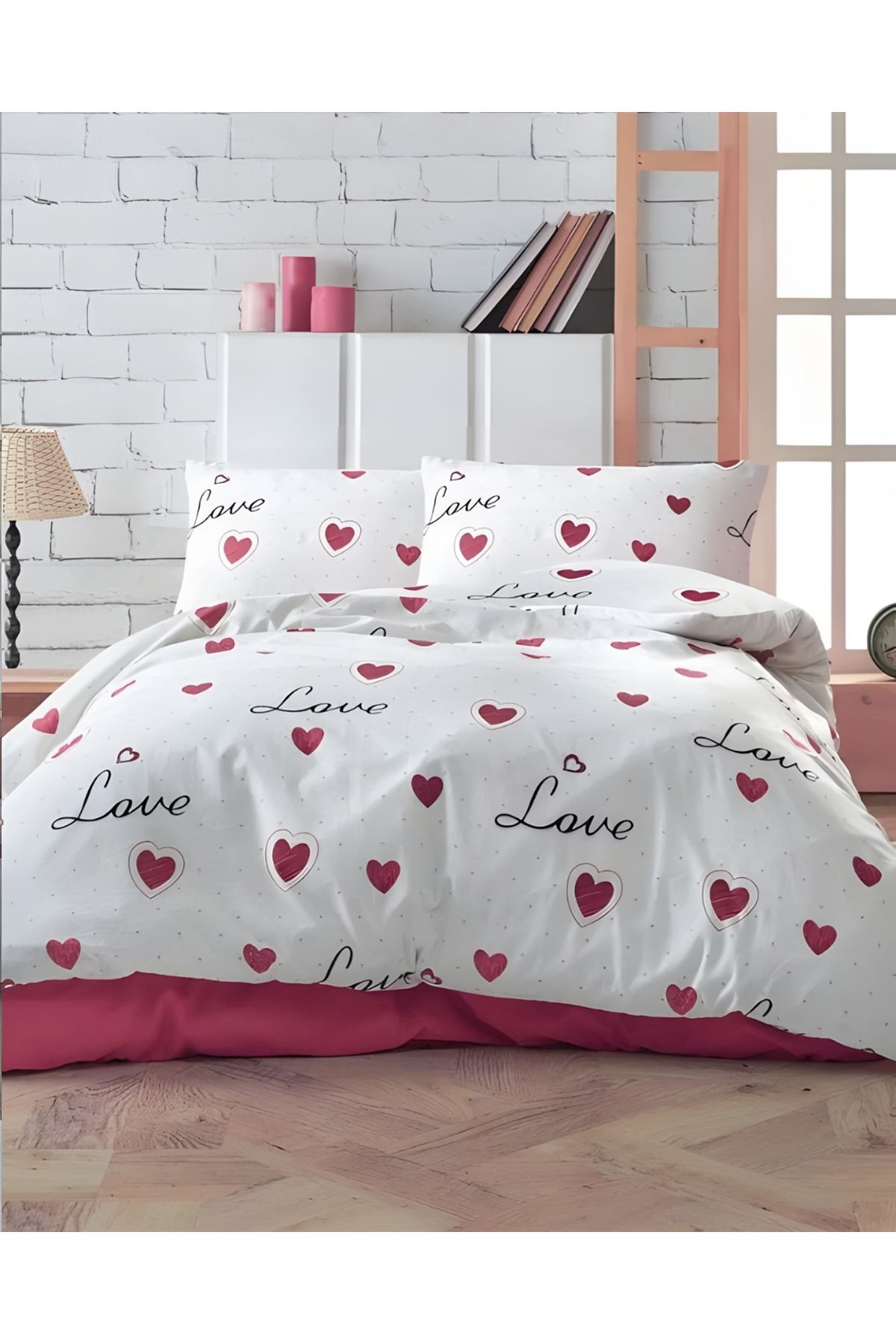 PAMUKLU RANFORCE KUMAŞ ÇİFT KİŞİLİK NEVRESİM TAKIMI ( ÇARŞAFI LASTİKLİ ) LOVE DESEN