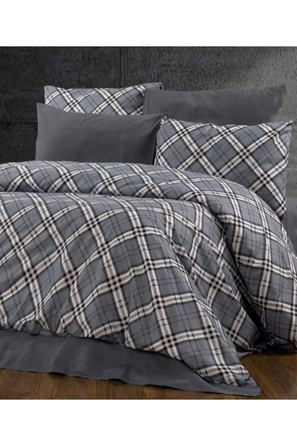 Ranforce Çift Kişilik Lastikli Çarşaflı Nevresim Takımı Yeni Kare Siyah