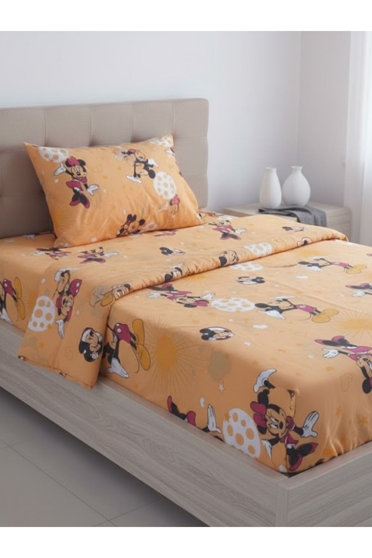 Kız Çocukları İçin Tek Kişilik Çarşafı Lastikli Nevresim Takımı Sarı mickey mouse