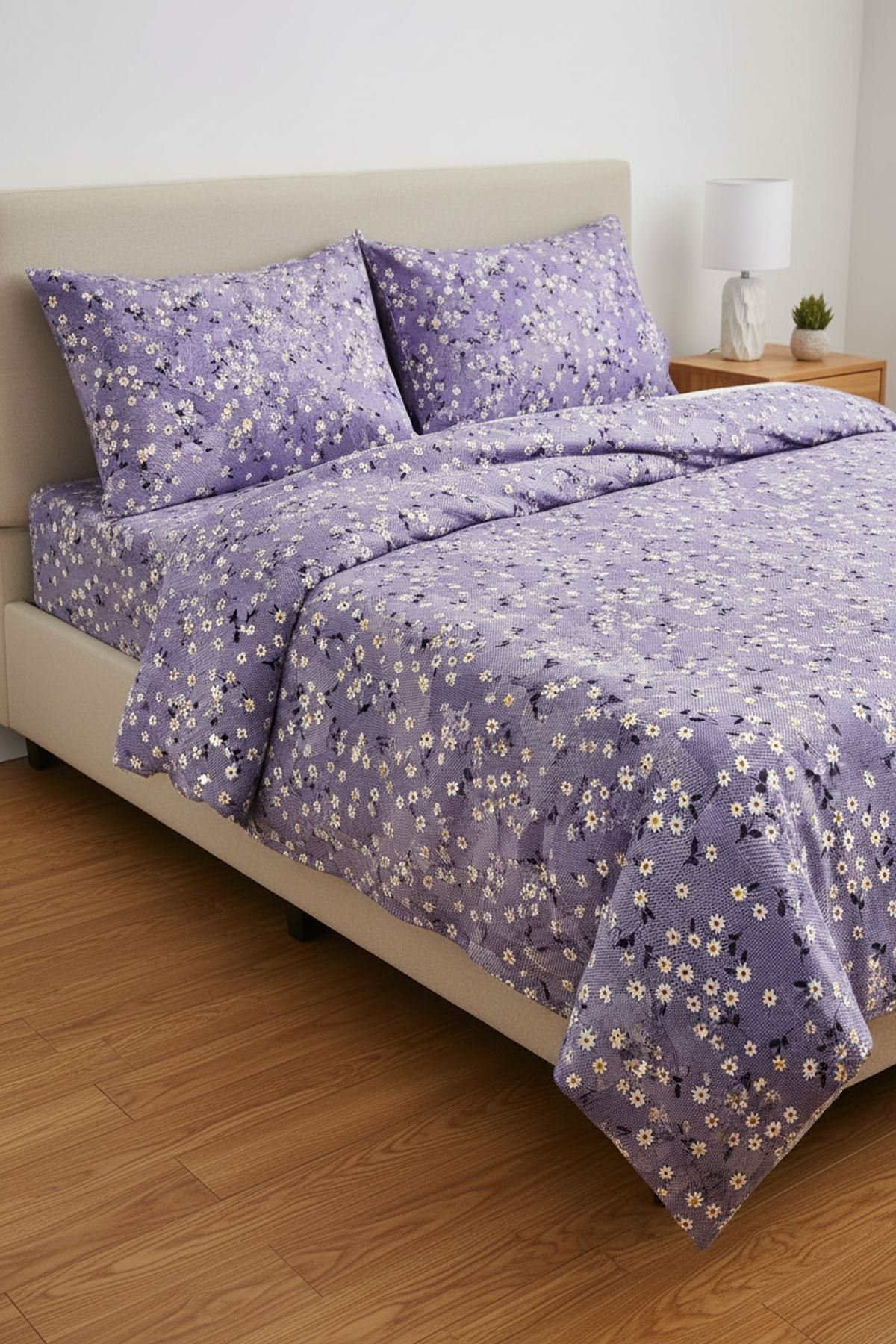 Pamuklu Kumaş Yeni Papatya Desen Tek Kişilik Nevresim Takımı Lila