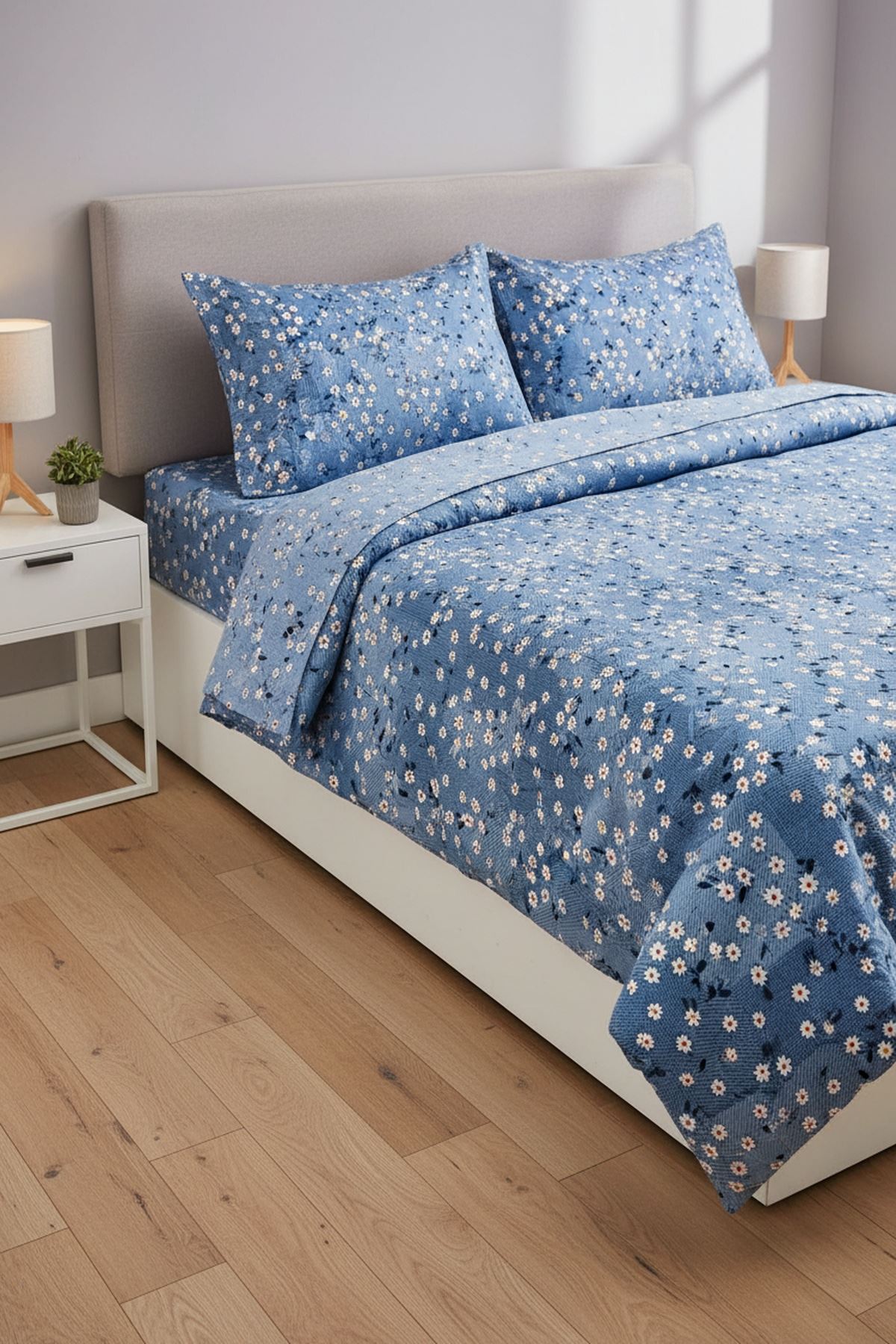 Pamuklu Kumaş Yeni Papatya Desen Tek Kişilik Nevresim Takımı Mavi