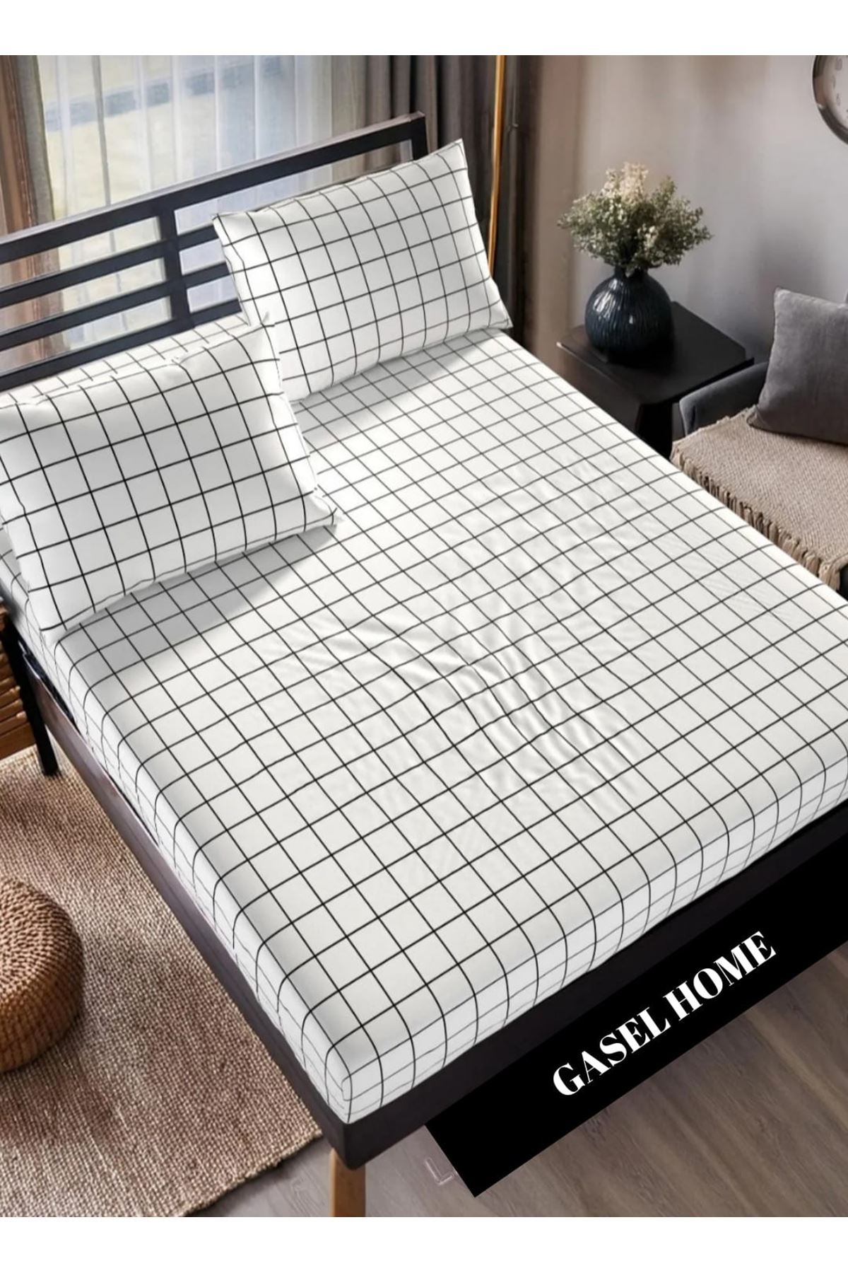 Pamuklu Tek Kişilik Lastikli Çarşaf Takımı Kareli Beyaz