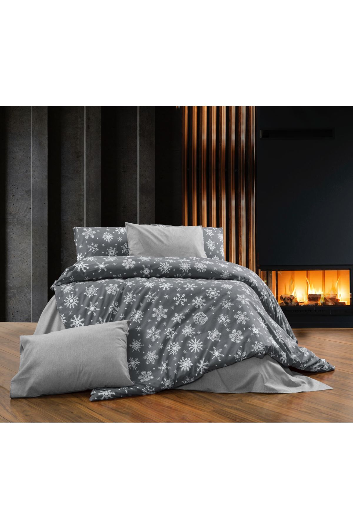 Kar Desen Pamuklu Çift Kişilik Nevresim Takımı Gri