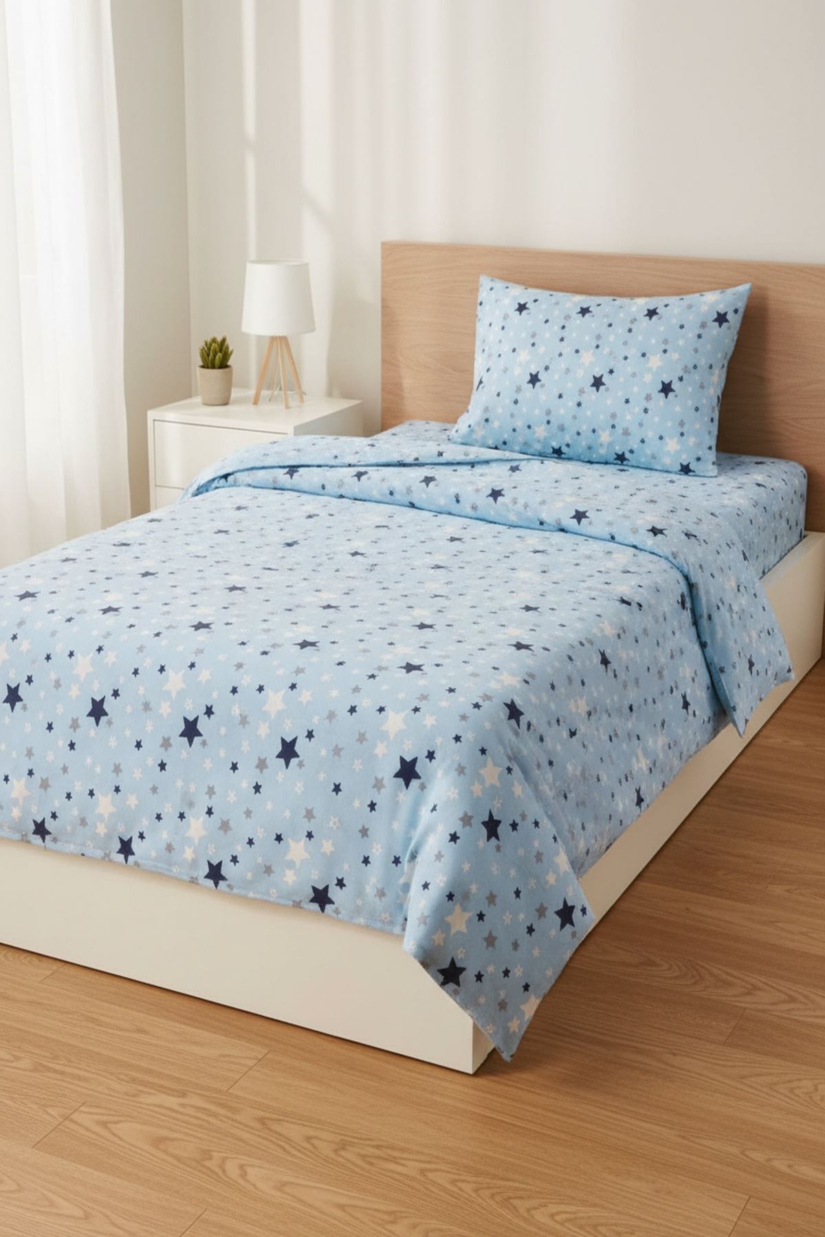 Pamuklu Yıldız Desen Tek Kişilik Nevresim Takımı Çarşafı Lastikli (fitted) MAVİ