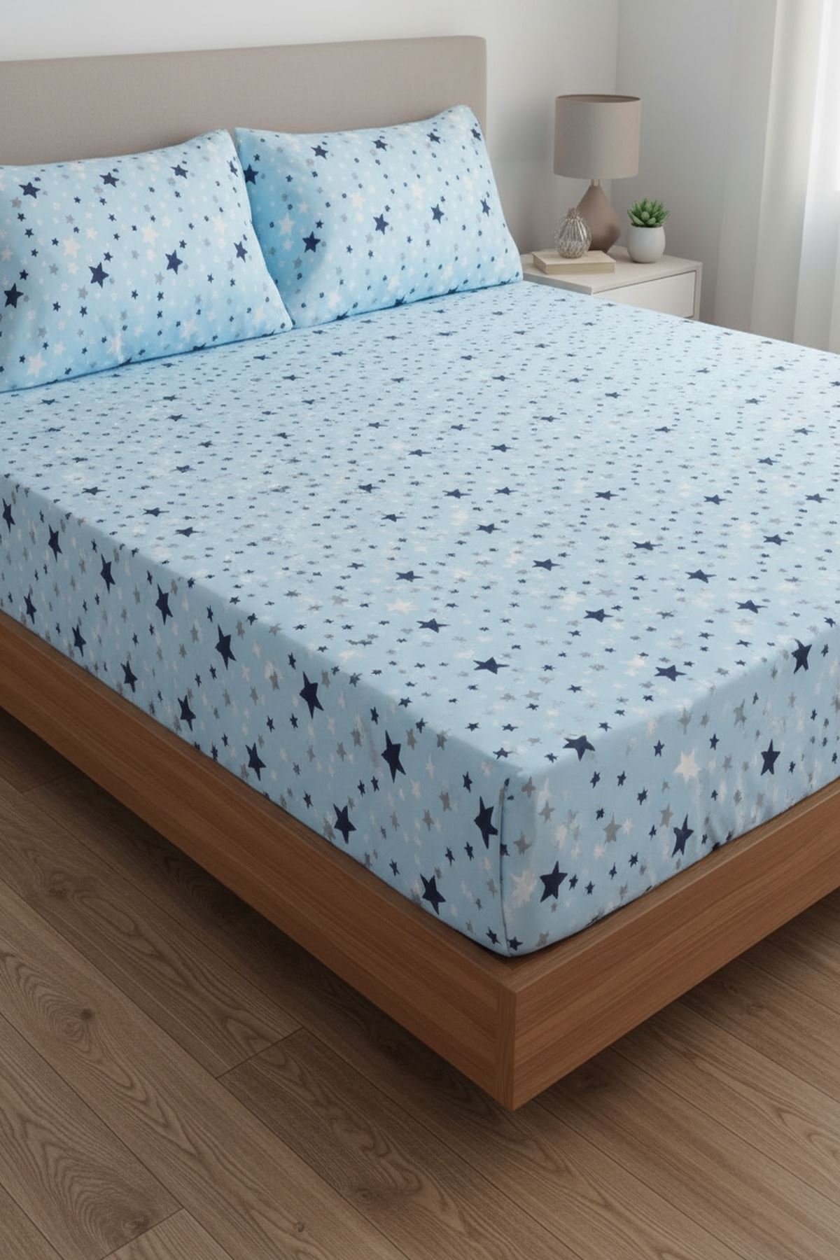 Pamuklu Kumaş Yıldız Desen Çift Kişilik Lastikli Çarşaf Takımı MAVİ
