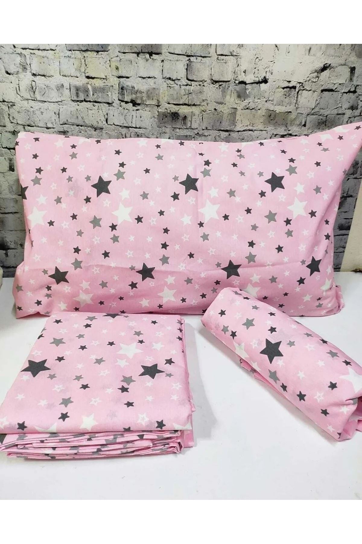 Pamuklu Kumaş Yıldız Desen Çift Kişilik Lastikli Çarşaf Takımı PEMBE