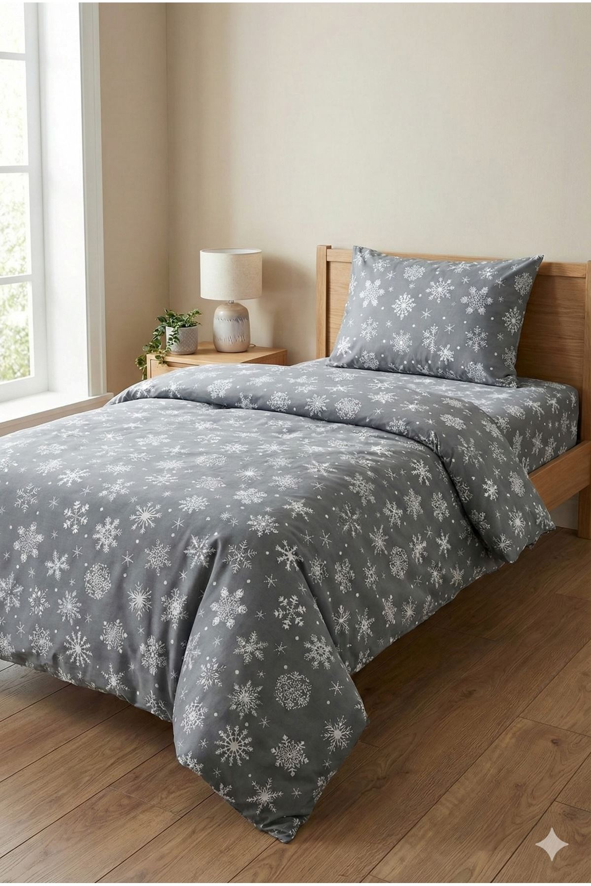 Kar Desen Pamuklu Tek Kişilik Nevresim Takımı Gri