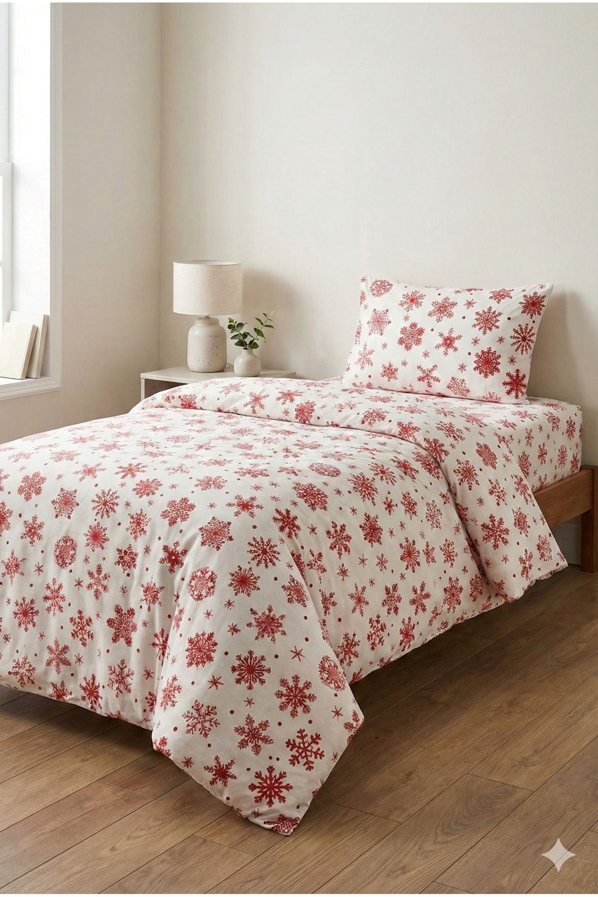 Kar Desen Pamuklu Tek Kişilik Nevresim Takımı Beyaz