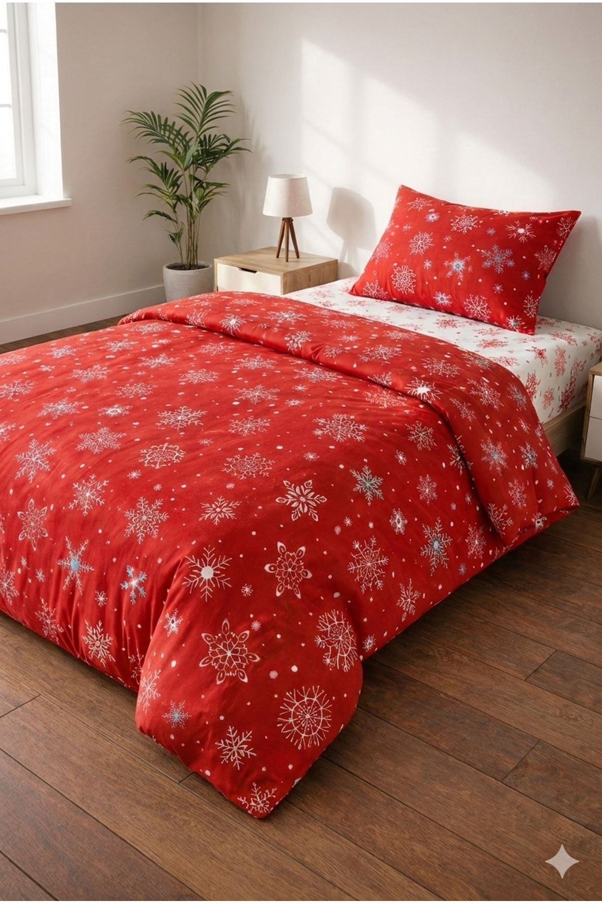 Kar Desen Pamuklu Tek Kişilik Nevresim Takımı Kırmızı
