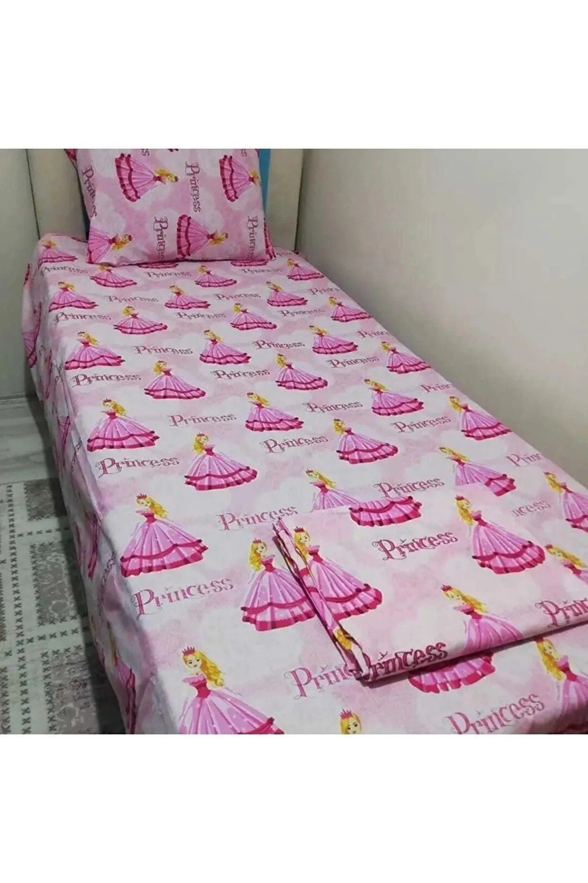 Prenses Pamuklu Kız Çocuk Lastikli Çarşaf Takımı Pembe