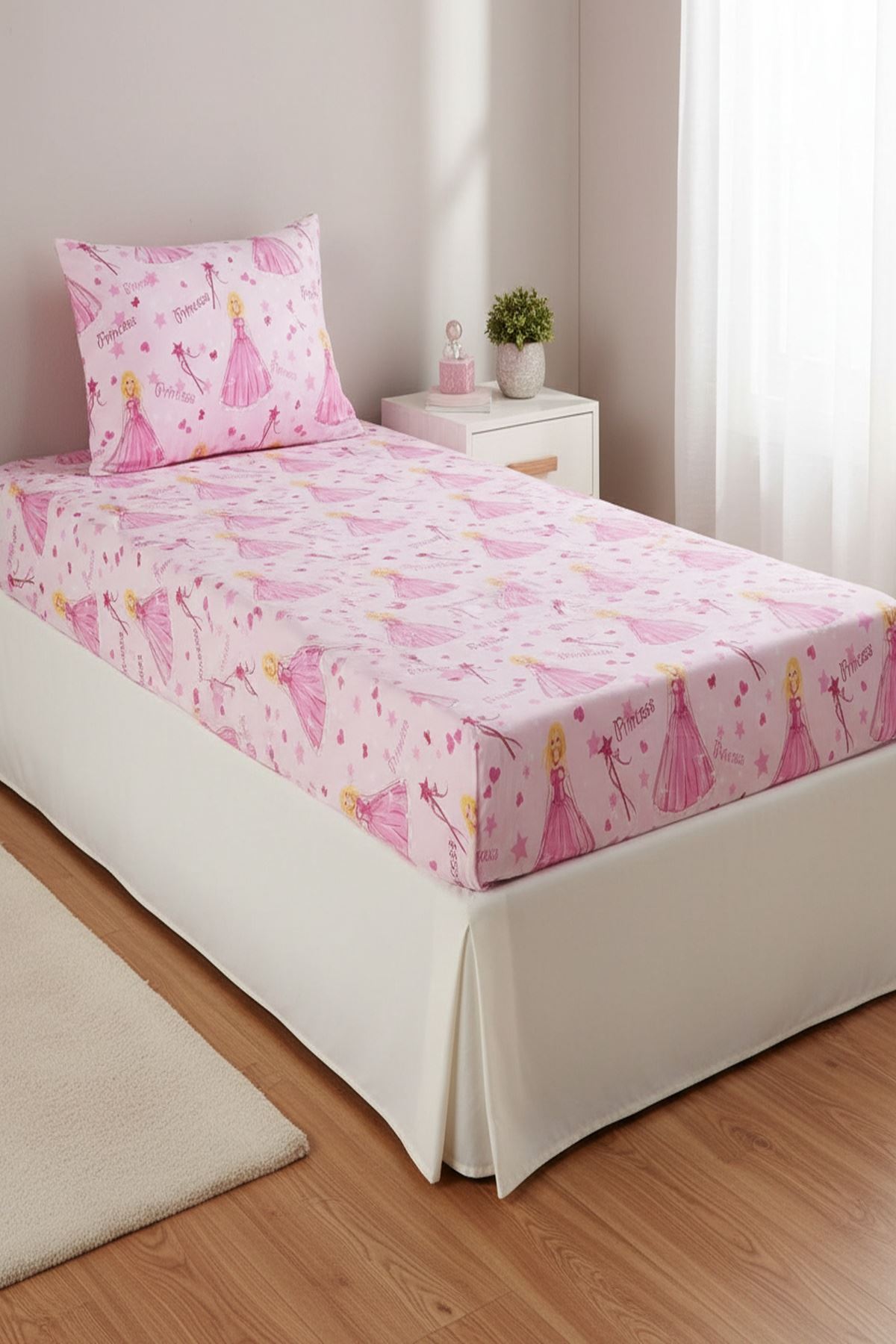 Prenses Pamuklu Kız Çocuk Lastikli Çarşaf Takımı Pembe