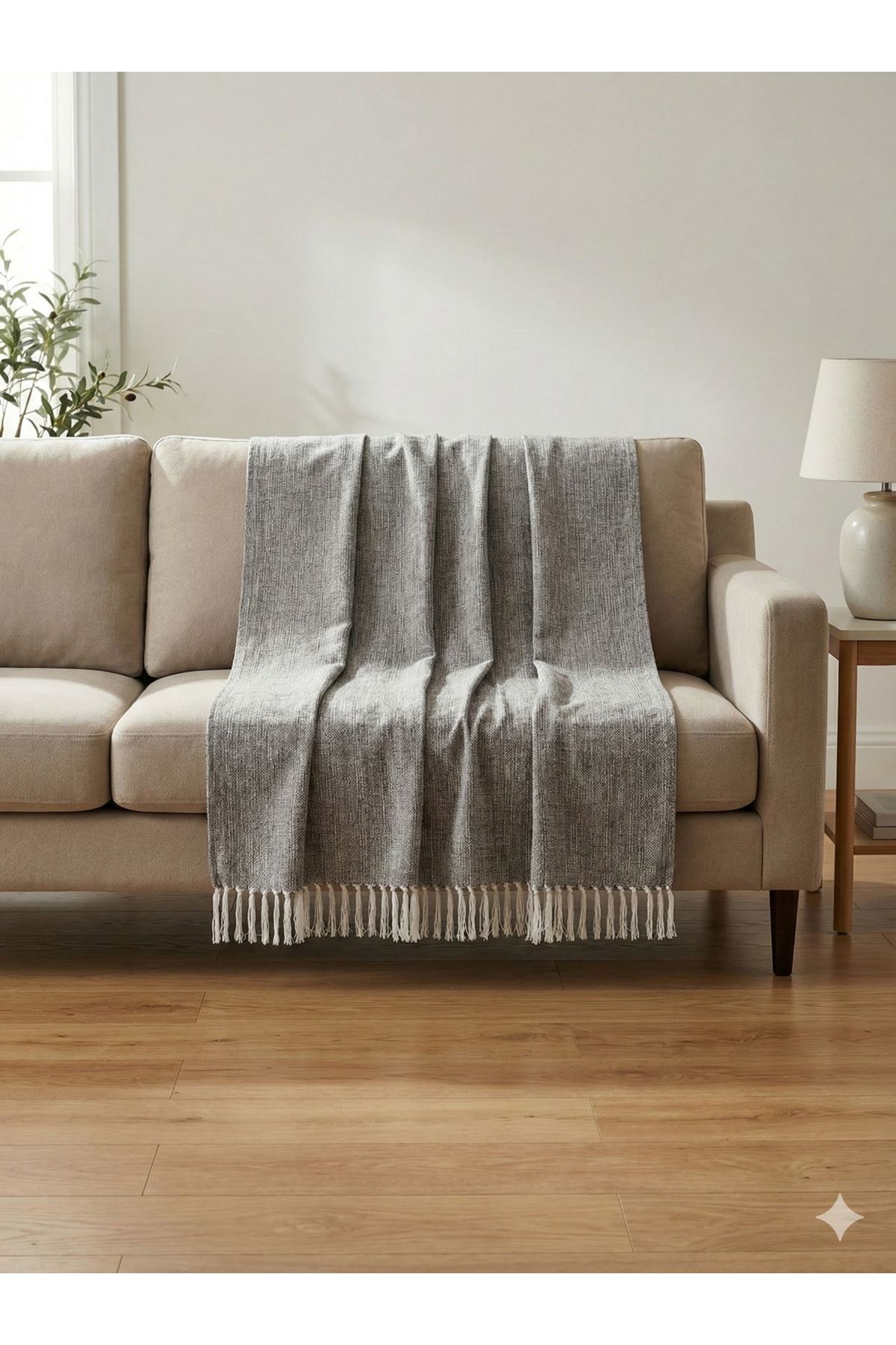 Naturel Püsküllü Koltuk Örtüsü 175x220 Kahve