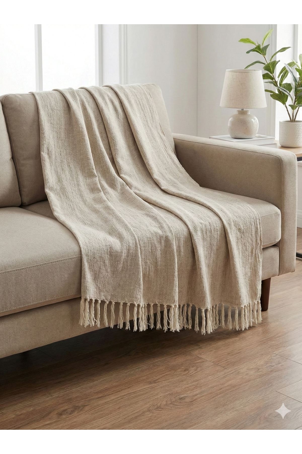 Naturel Püsküllü Koltuk Örtüsü175x220 Sütlükahve