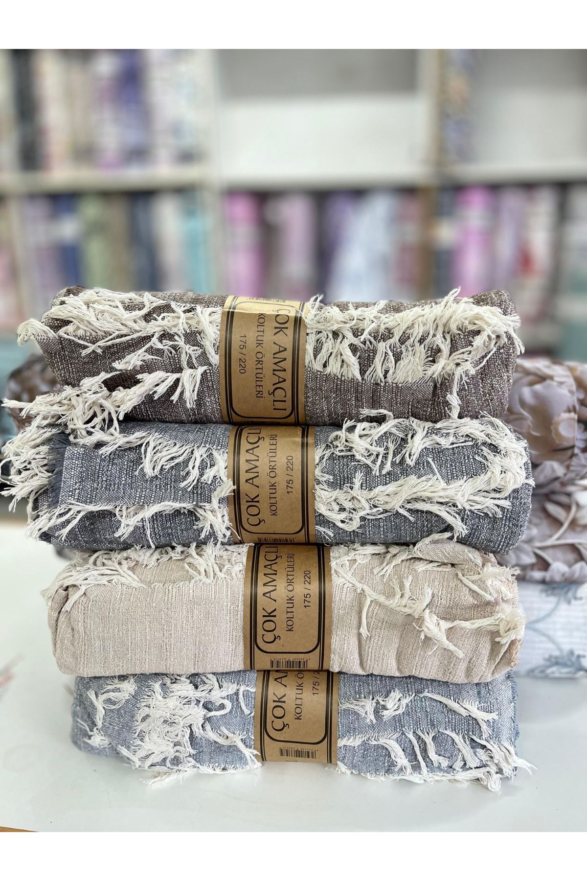 Naturel Püsküllü Koltuk Örtüsü  175x220 Antrasit