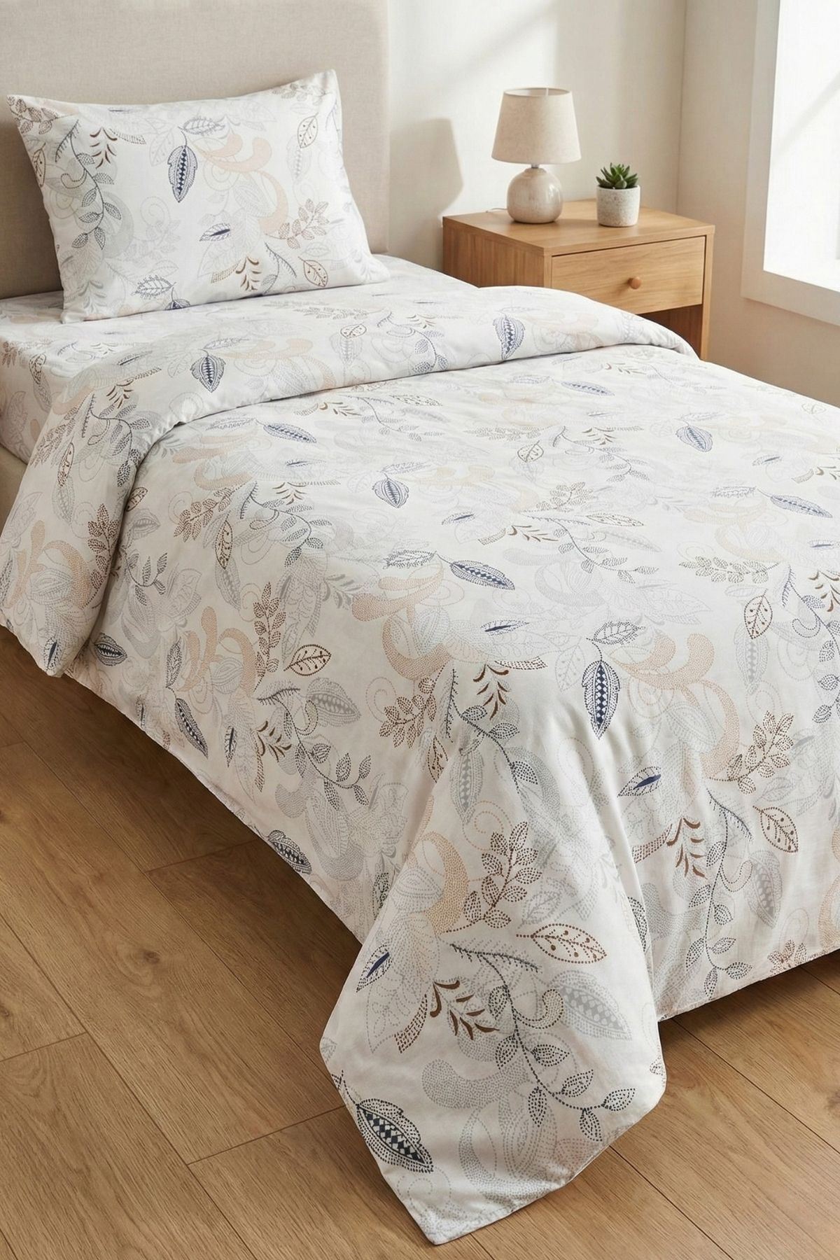 %100 Pamuk Kumaş Yaprak Desen Tek Kişilik Nevresim Takımı Mavi