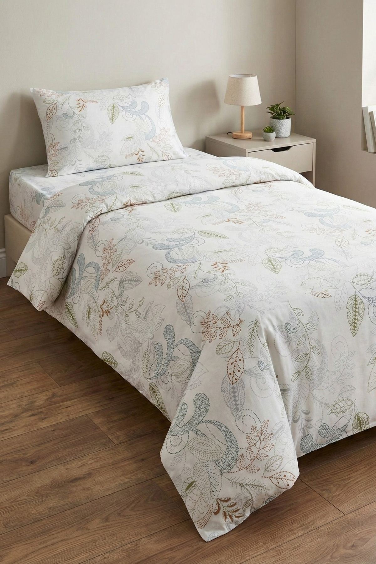 %100 Pamuk Kumaş Yaprak Desen Tek Kişilik Nevresim Takımı Yeşil