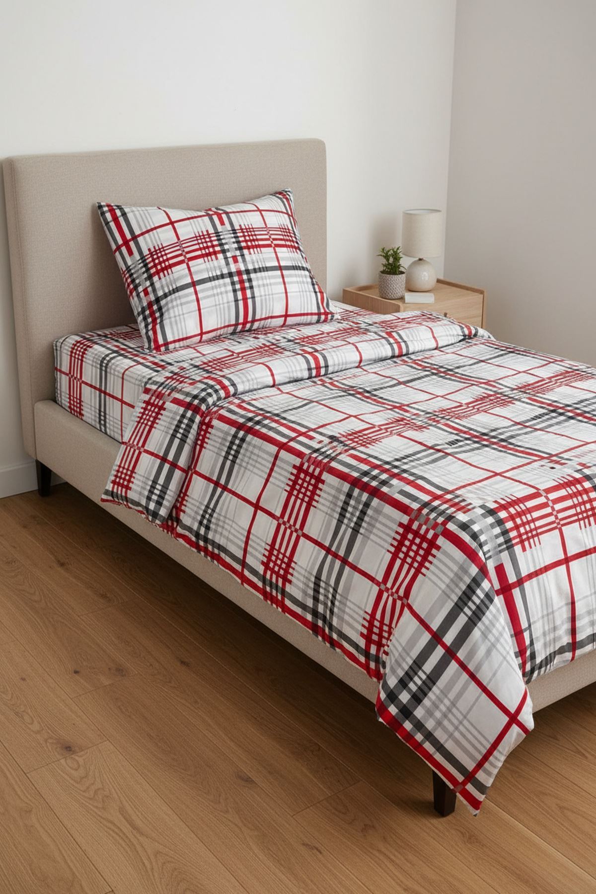 %100 Pamuk Kumaş Ekose Çizgili Desen Tek Kişilik Nevresim Takımı Kırmızı