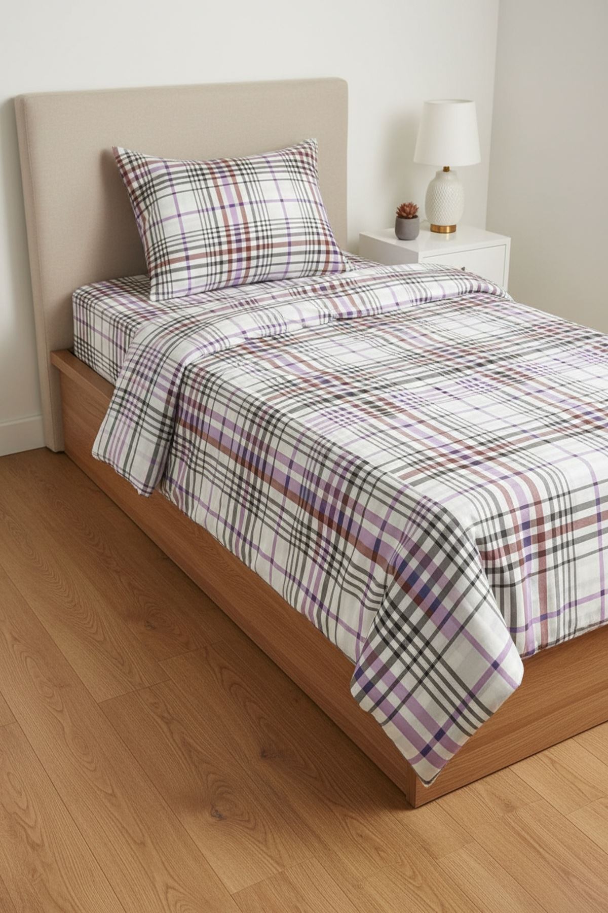%100 Pamuk Kumaş Ekose Çizgili Desen Tek Kişilik Nevresim Takımı Lila