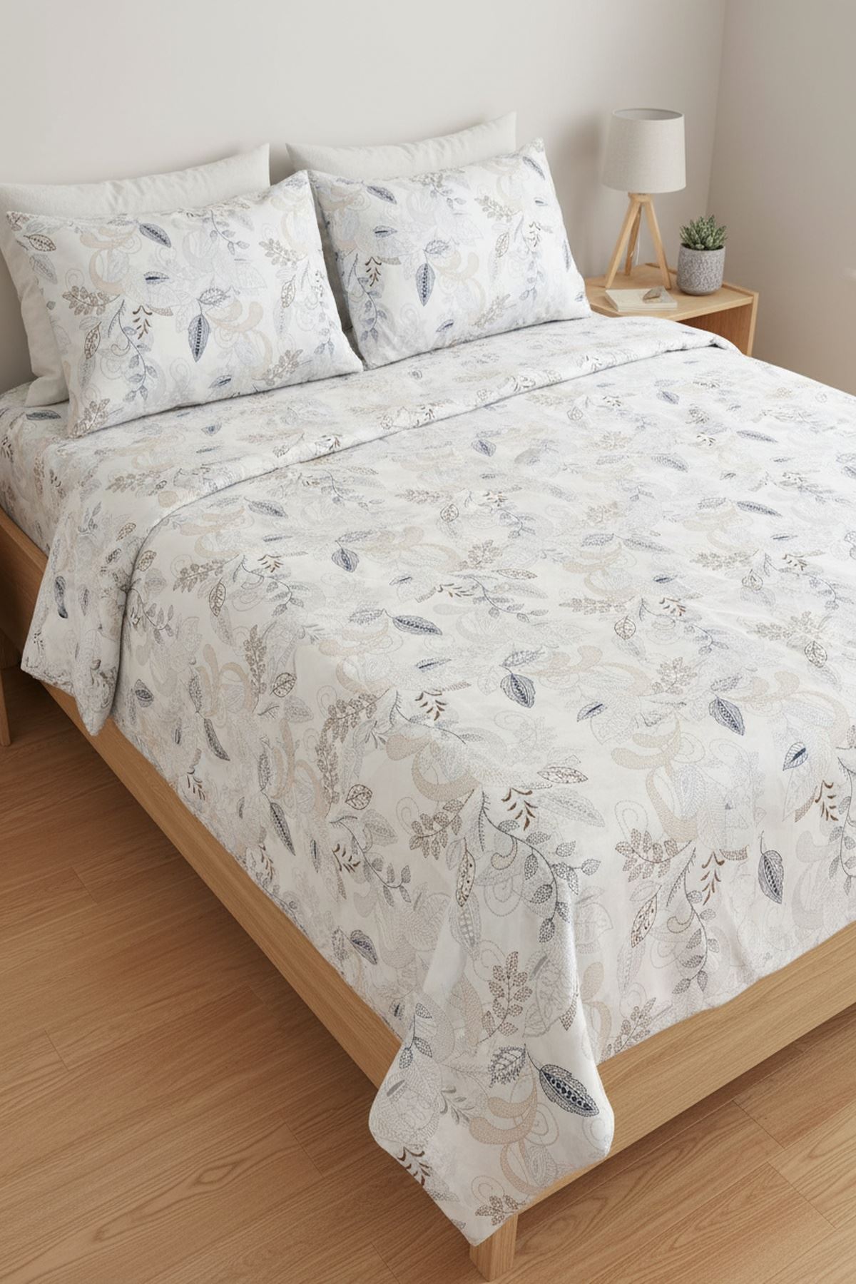 %100 Pamuk Kumaş Yaprak Desen Çift Kişilik Nevresim Takımı Mavi