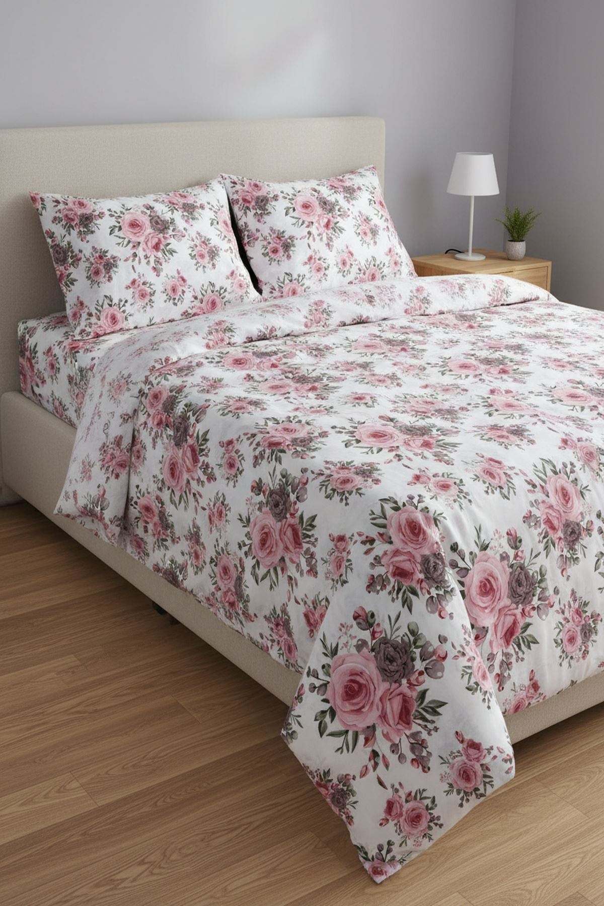 %100 Pamuk Kumaş Gül Desen Çift Kişilik Nevresim Takımı Gülkurusu