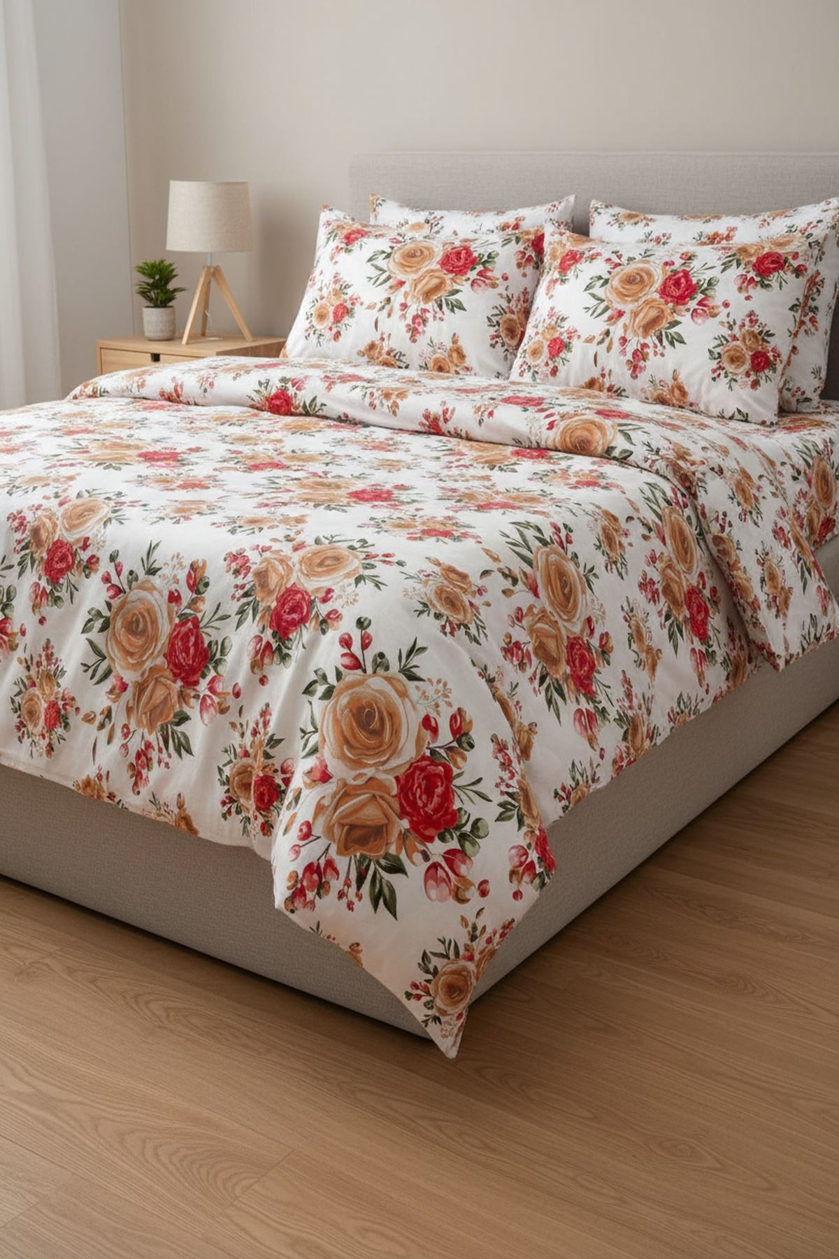 %100 Pamuk Kumaş Gül Desen Çift Kişilik Nevresim Takımı Kırmızı