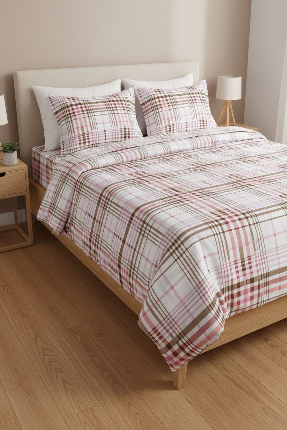 %100 Pamuk Kumaş Ekose Çizgili Desen Çift Kişilik Nevresim Takımı kahve