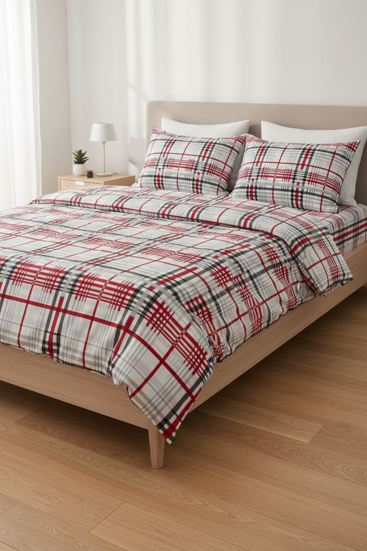 %100 Pamuk Kumaş Ekose Çizgili Desen Çift Kişilik Nevresim Takımı Kırmızı