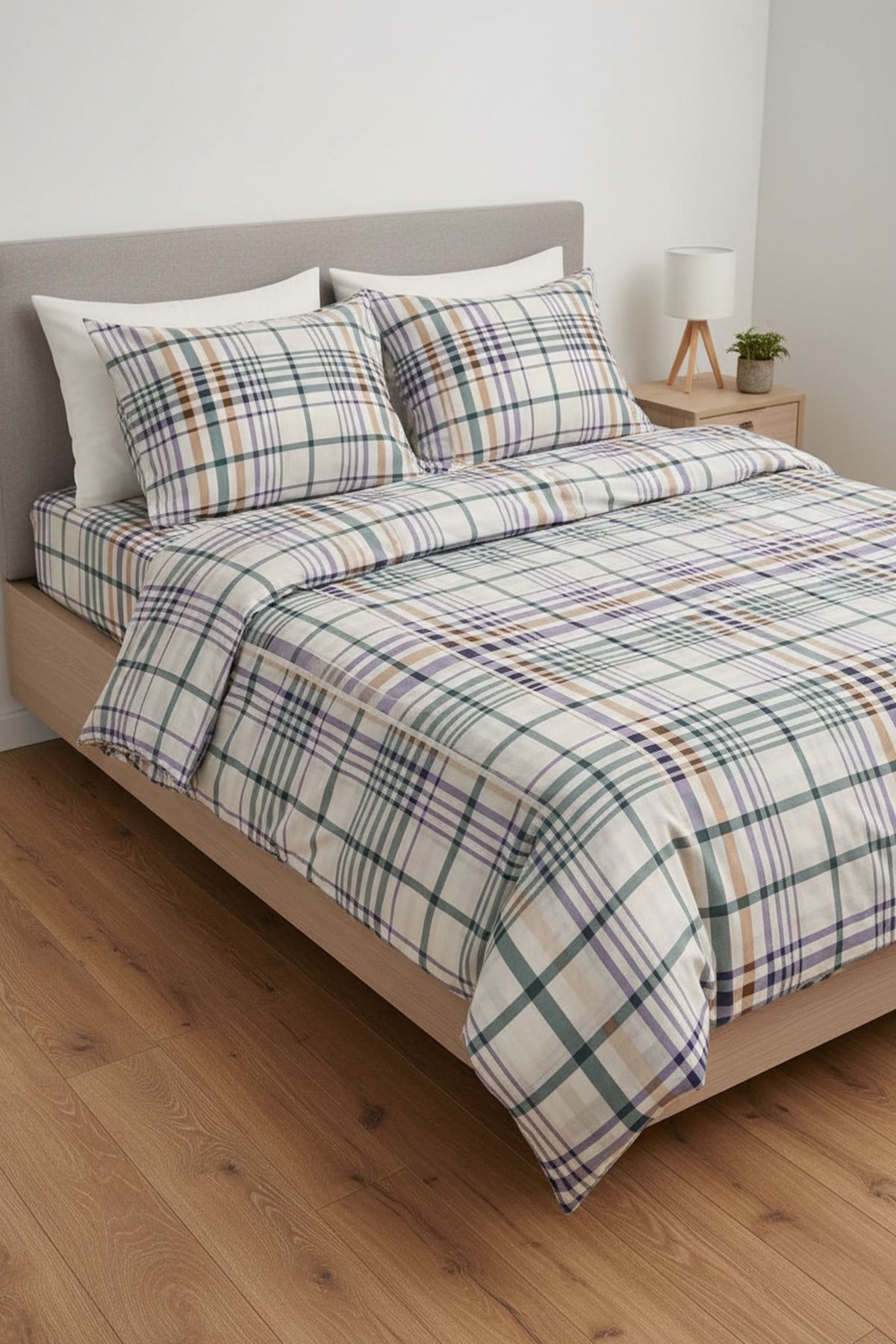 %100 Pamuk Kumaş Ekose Çizgili Desen Çift Kişilik Nevresim Takımı Yeşil