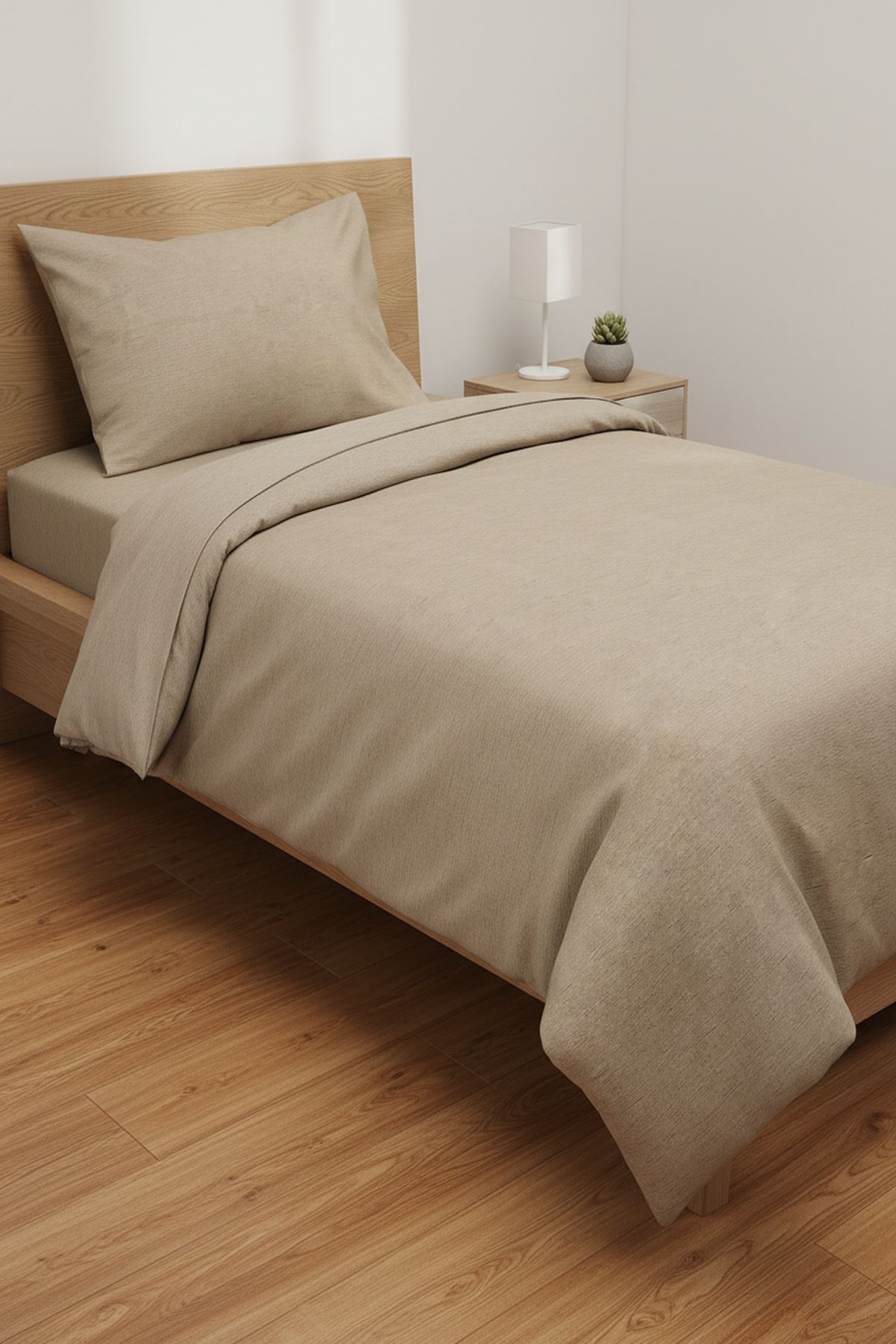 Düz Renk Pamuklu Kumaş Tek Kişilik Nevresim Takımı ( Lastikli Çarşaf ) KAHVE