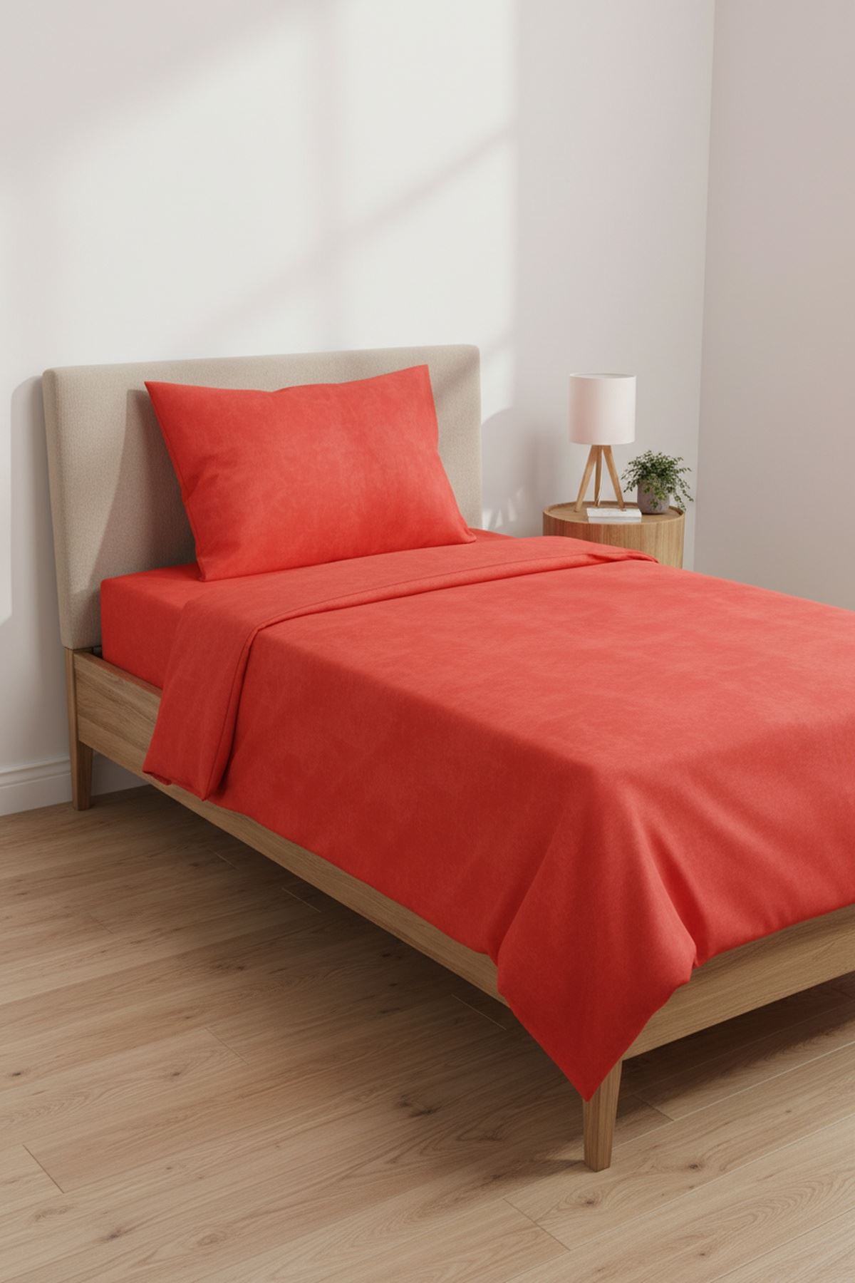 Düz Renk Pamuklu Kumaş Tek Kişilik Nevresim Takımı ( Lastikli Çarşaf ) KIRMIZI