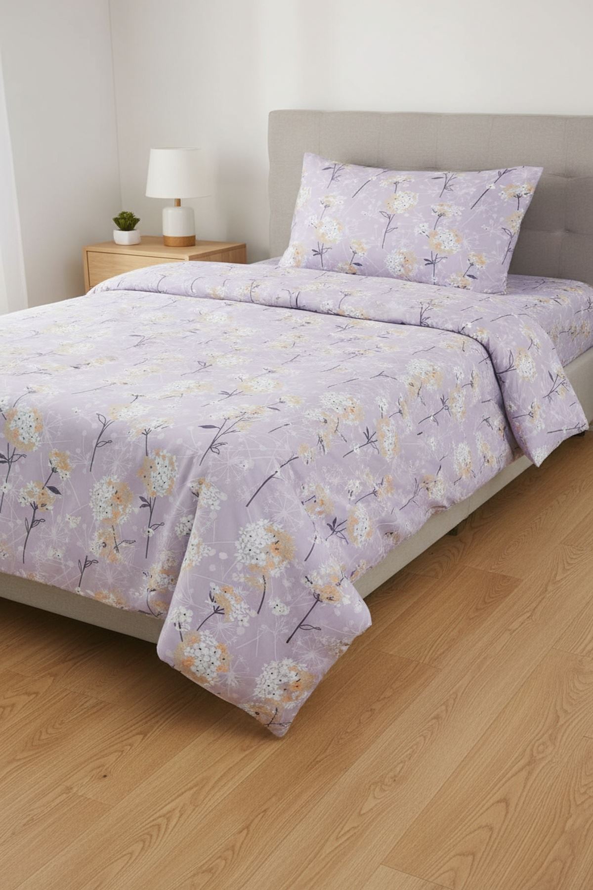 Tek Kişilik Çarşafı Lastikli Pamuklu Ranforce Kumaş Nevresim Takımı Papatya Lila