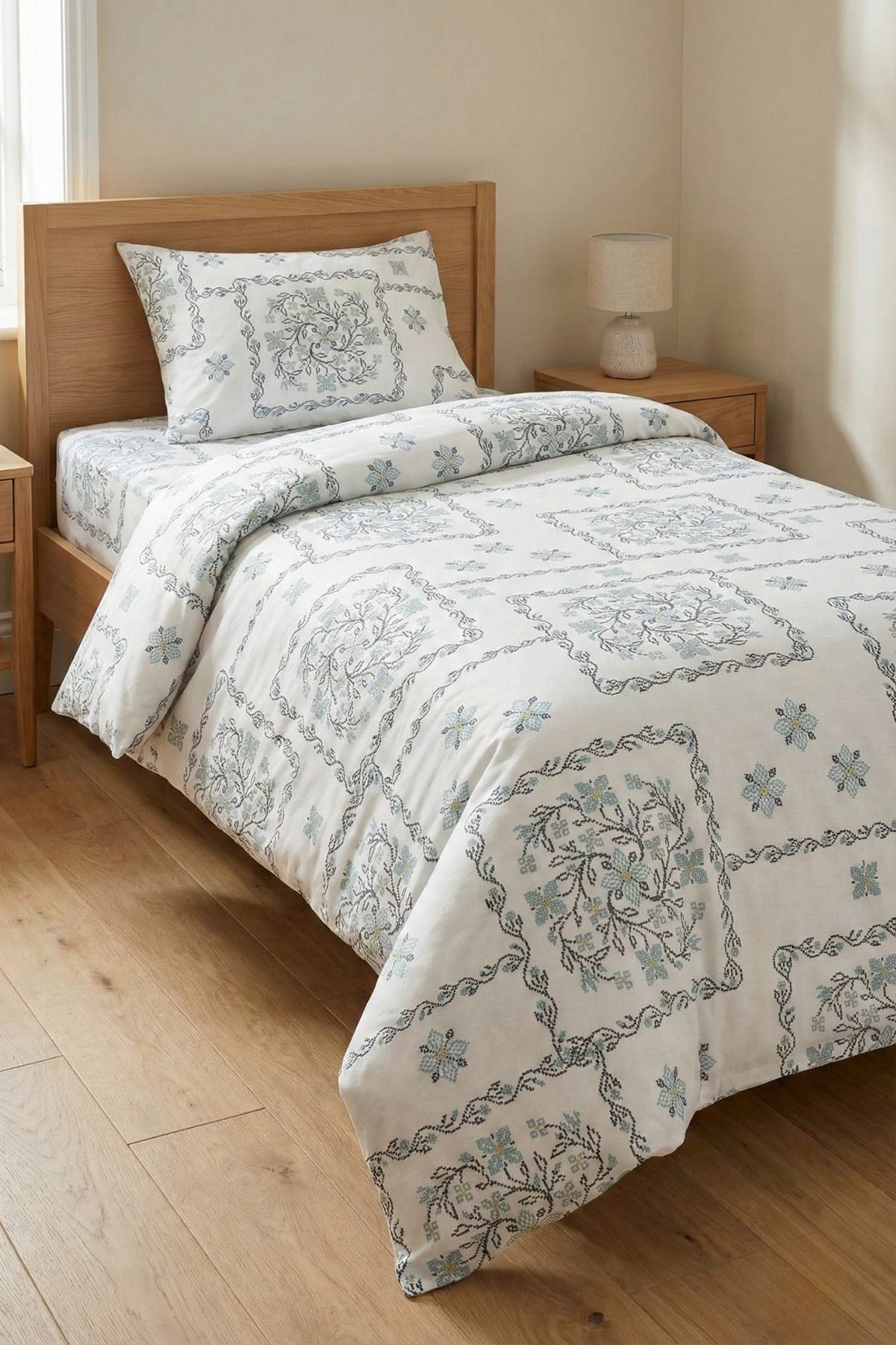 %100 Pamuk Kumaş Etnik Papatya Desen Tek Kişilik Nevresim Takımı Turkuaz