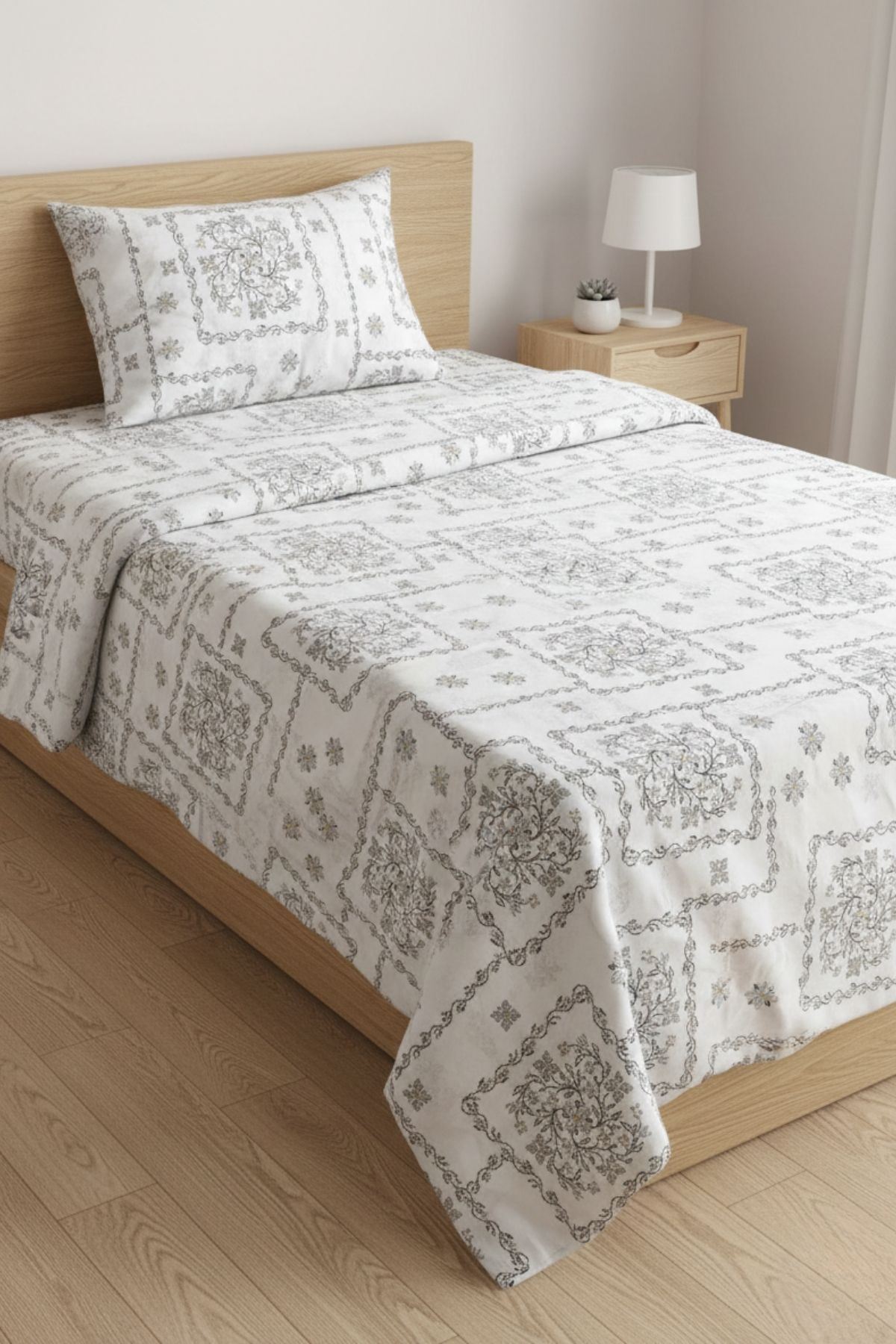 %100 Pamuk Kumaş Etnik Papatya Desen Tek Kişilik Nevresim Takımı Gri