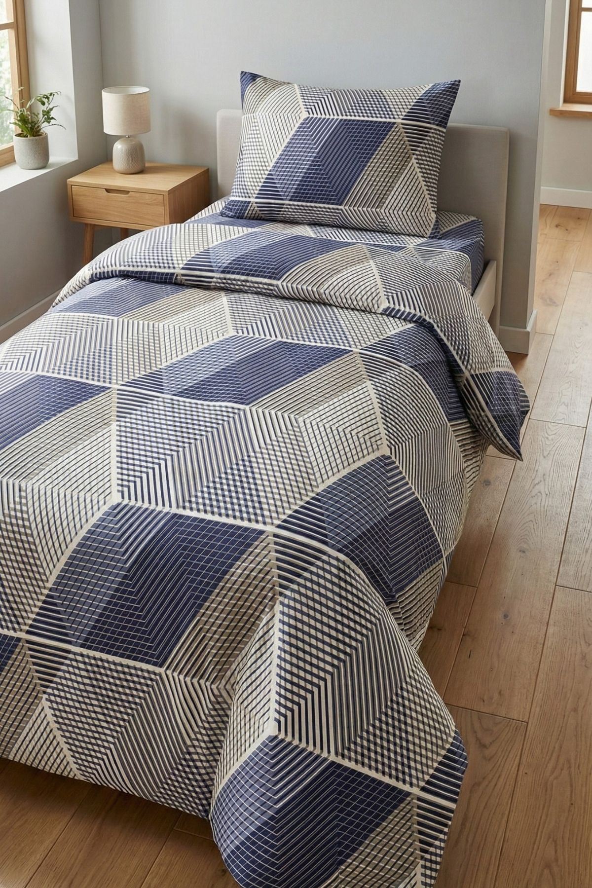 %100 Pamuk Kumaş Çizgi Desen Tek Kişilik Nevresim Takımı Mavi