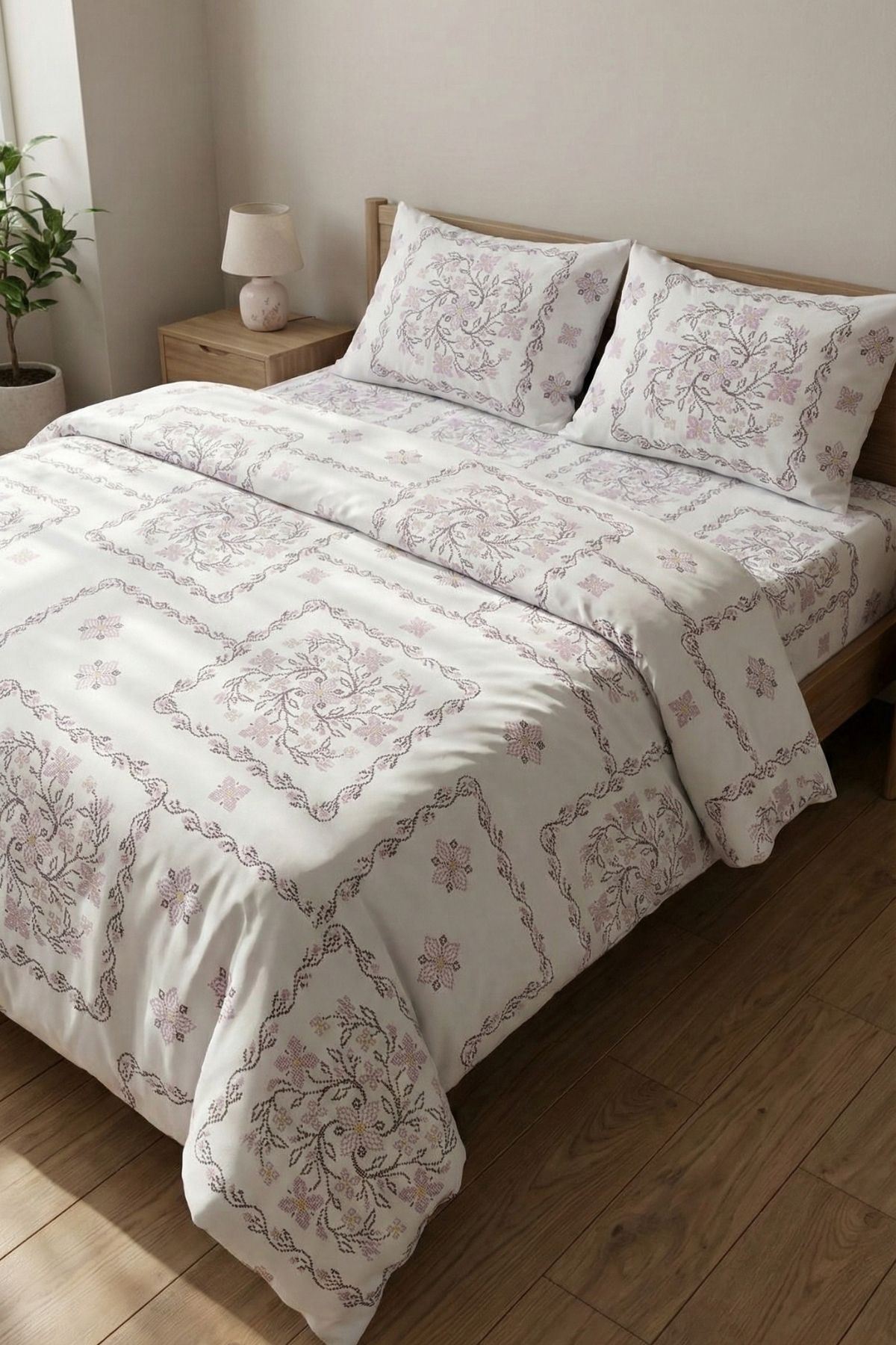 %100 Pamuk Kumaş Etnik Papatya Desen Çift Kişilik Nevresim Takımı Pembe