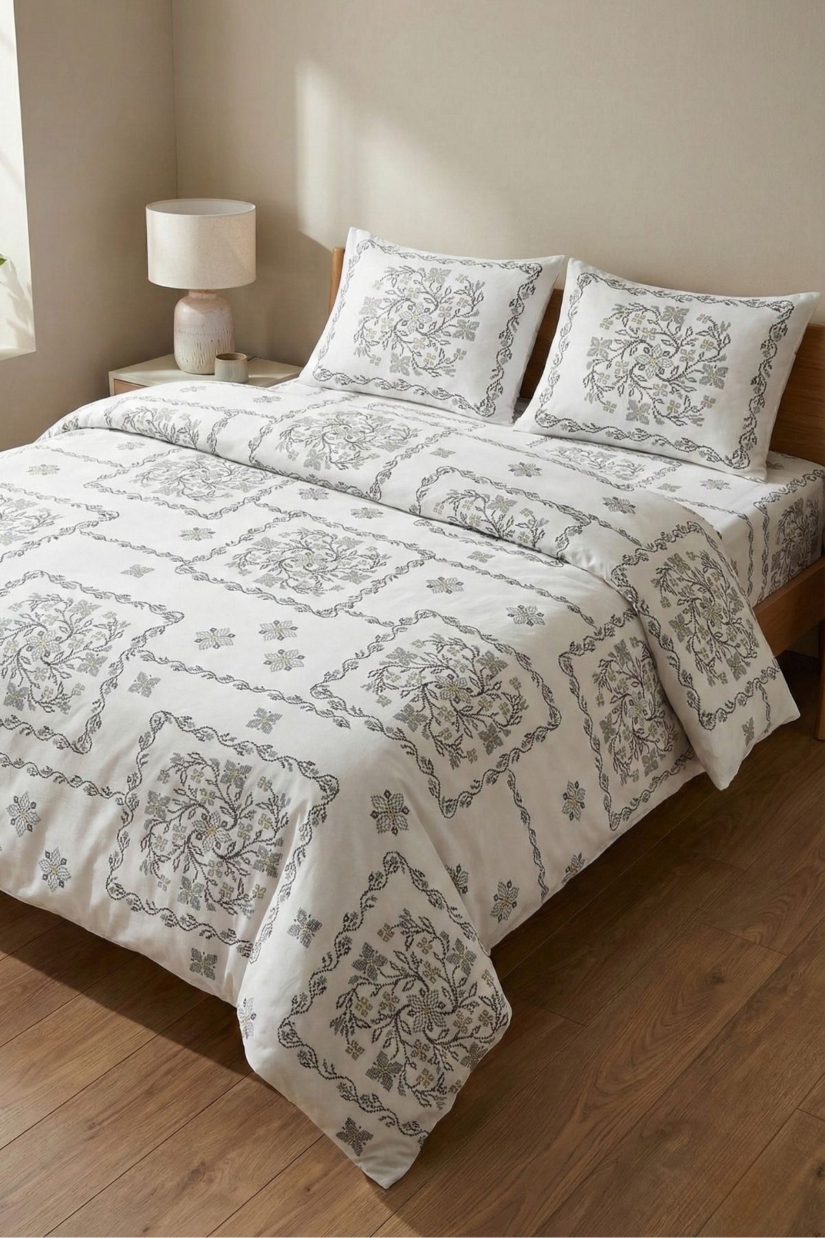 %100 Pamuk Kumaş Etnik Papatya Desen Çift Kişilik Nevresim Takımı Gri