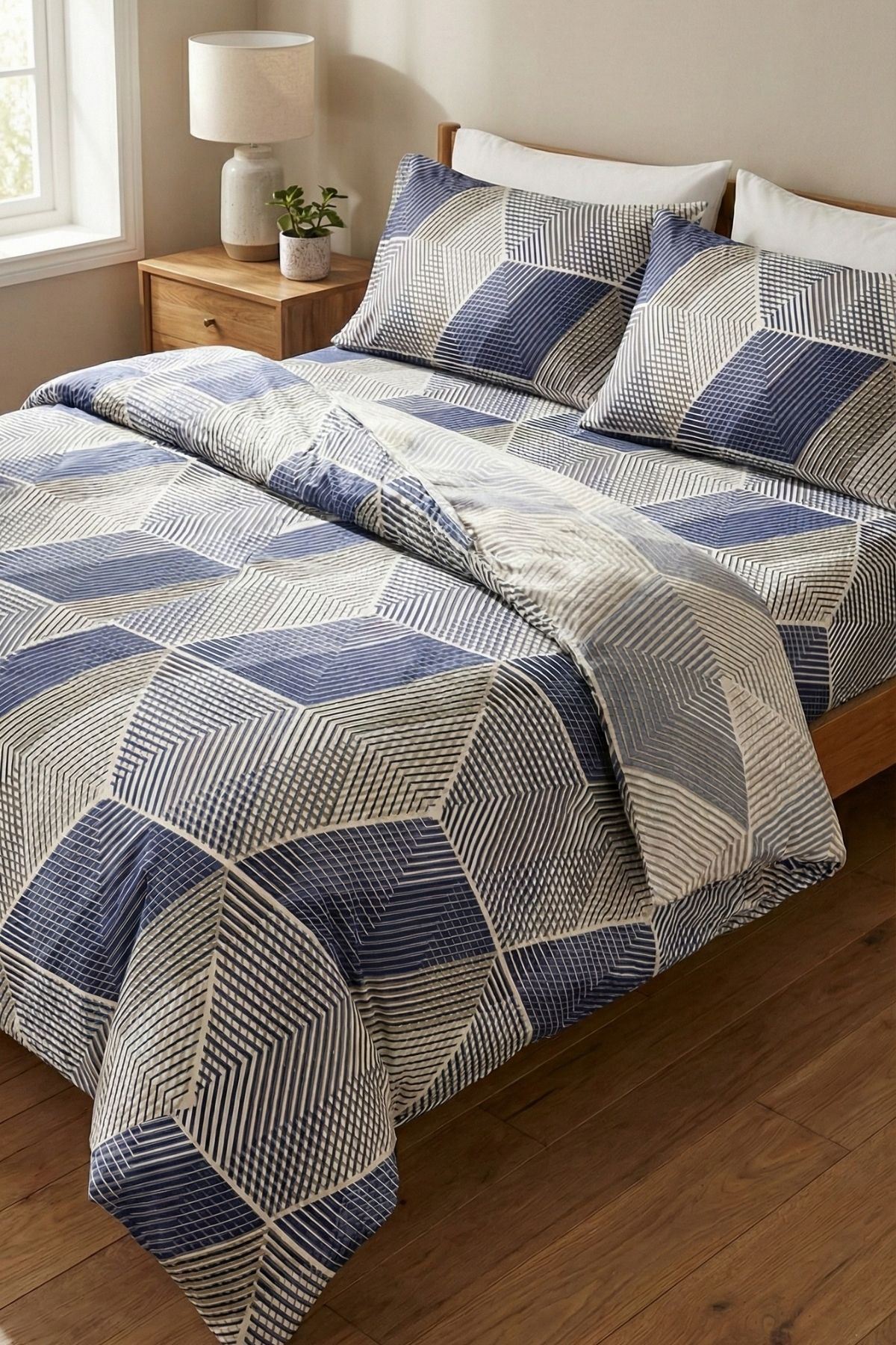 %100 Pamuk Kumaş Çizgi Desen Çift Kişilik Nevresim Takımı Mavi